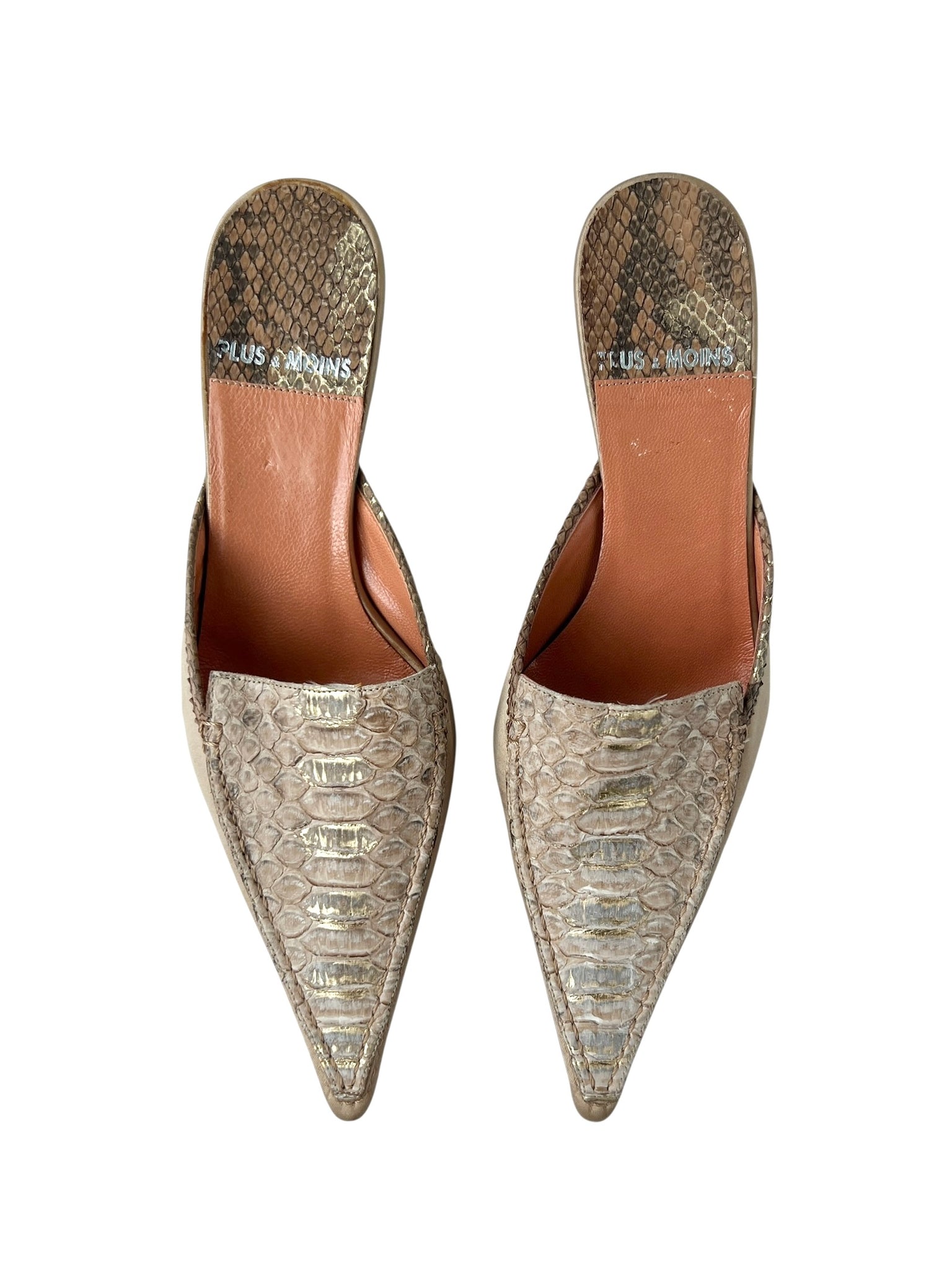 Beige Snakeskin Pointed Toe Kitten Heel Mules - 36.5