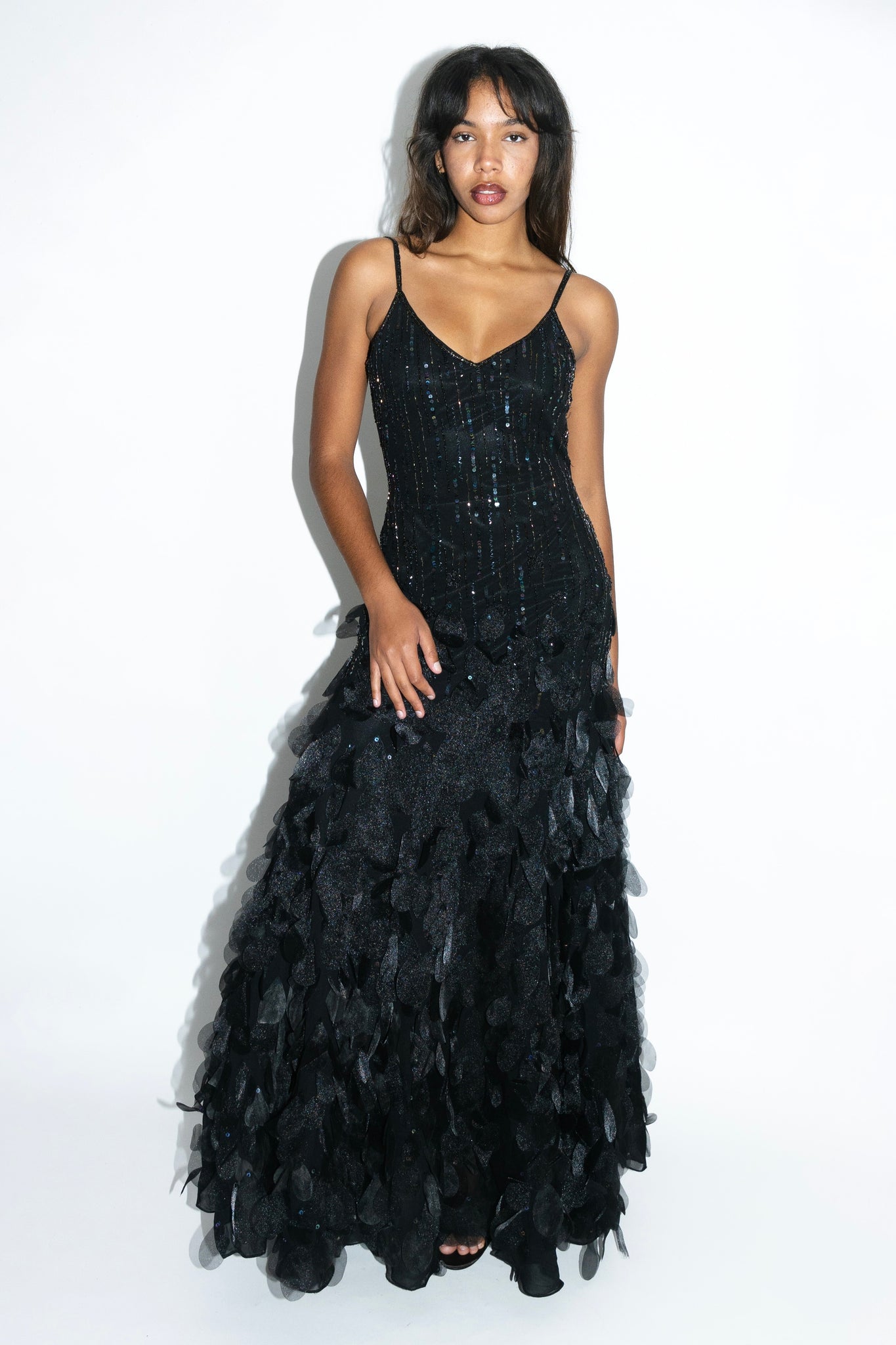 Sue Wong Black Beaded Silk Petal Gown