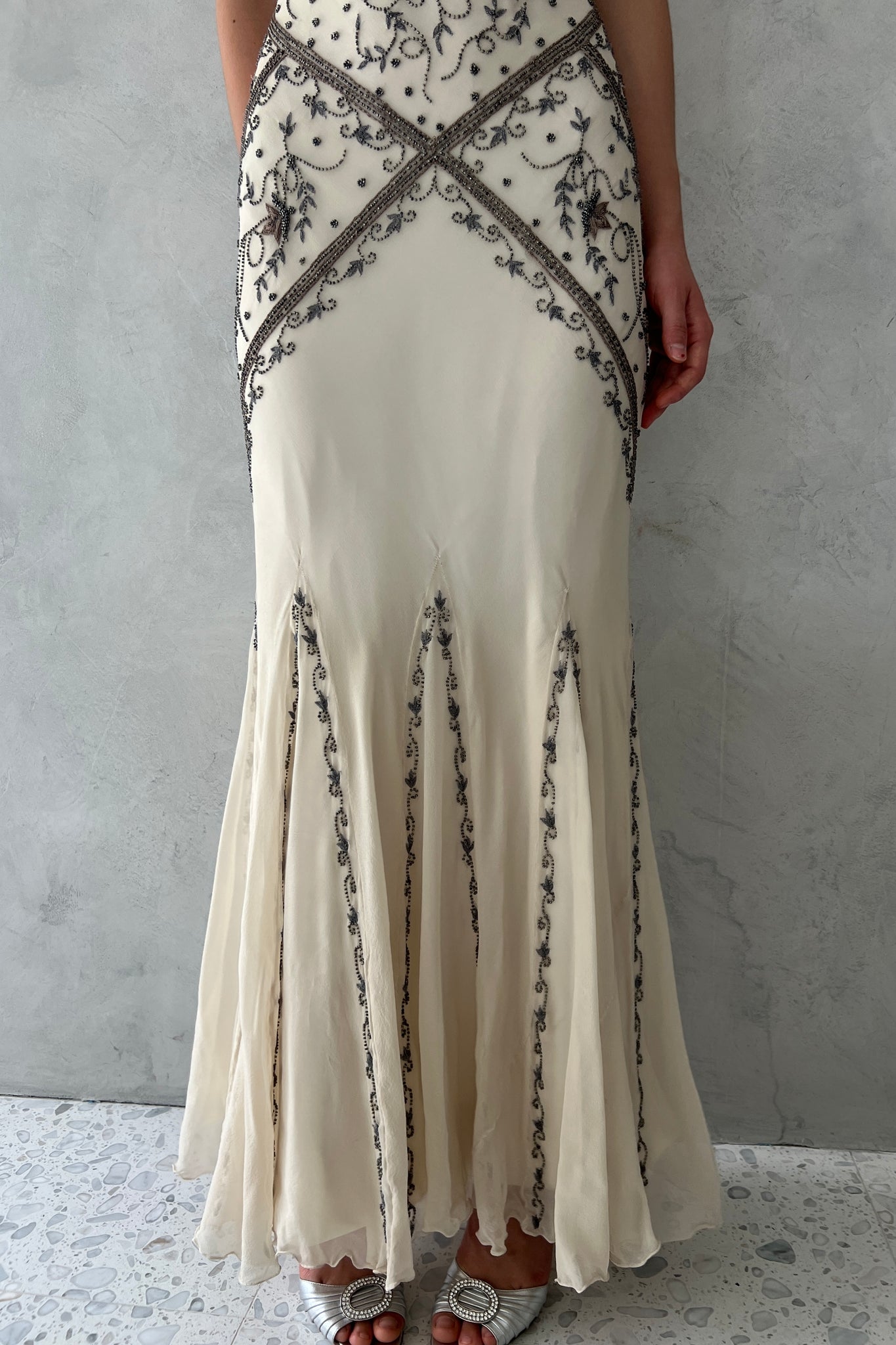 Cache Ivory Silk Chiffon Beaded Halter Gown