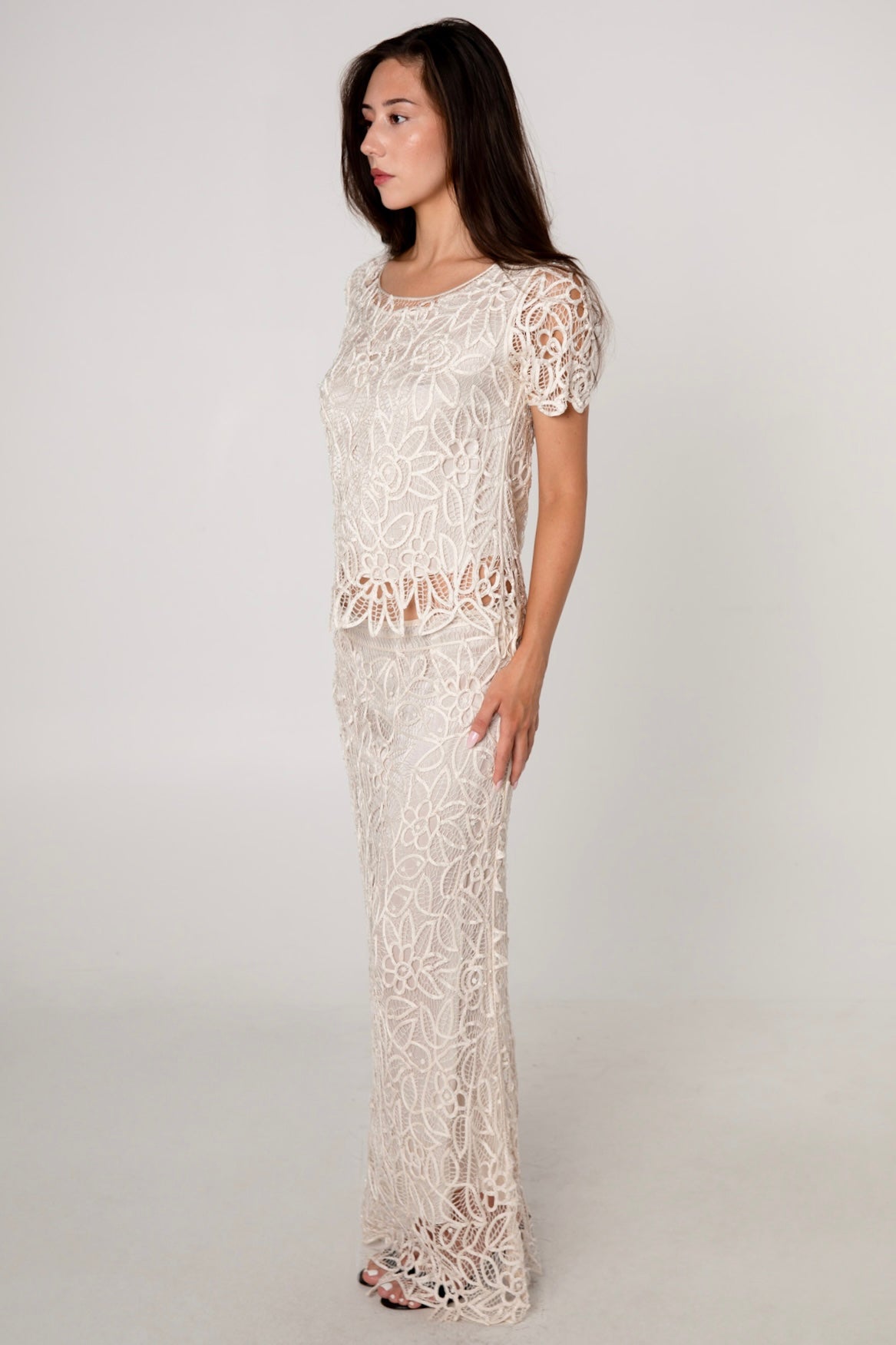 Ivory White Silk Crochet Top & Skirt Set