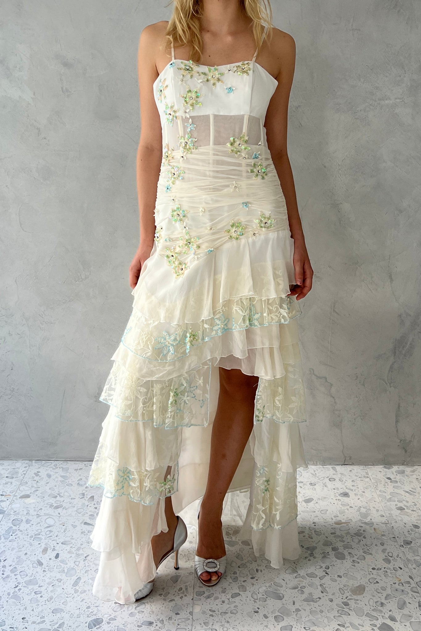 White Tiered Silk Chiffon Embellished Dress