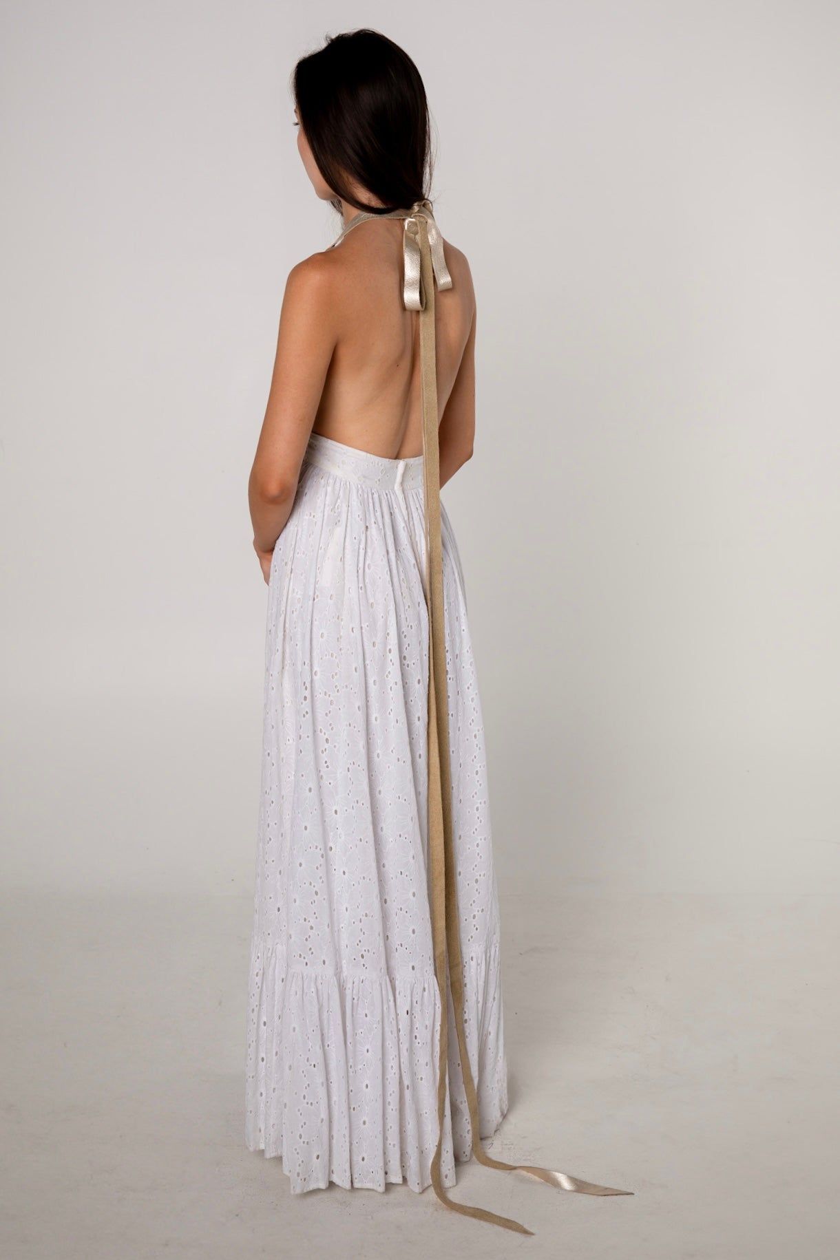 White Cotton Eyelet Halter Maxi Dress