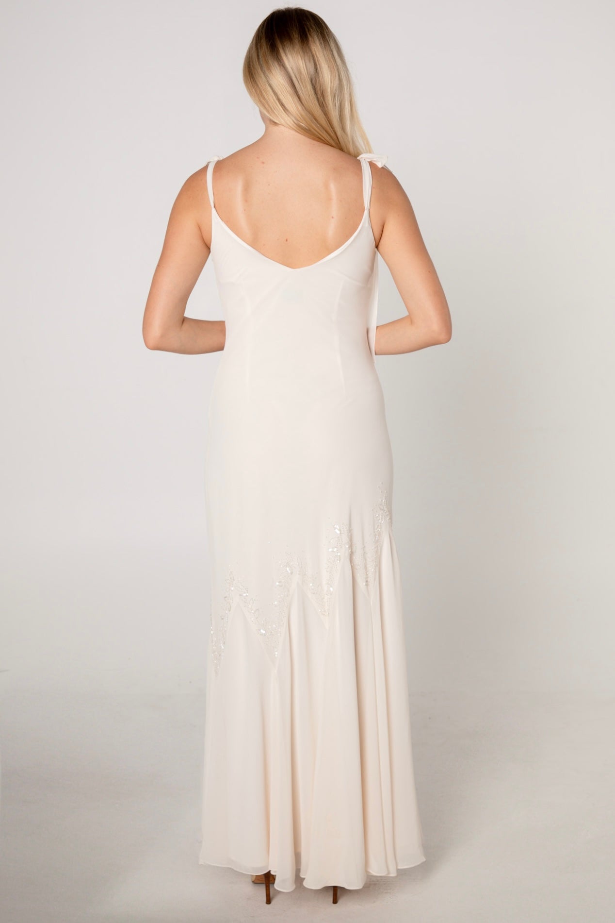 Ivory Chiffon Cowl Neck Beaded Gown