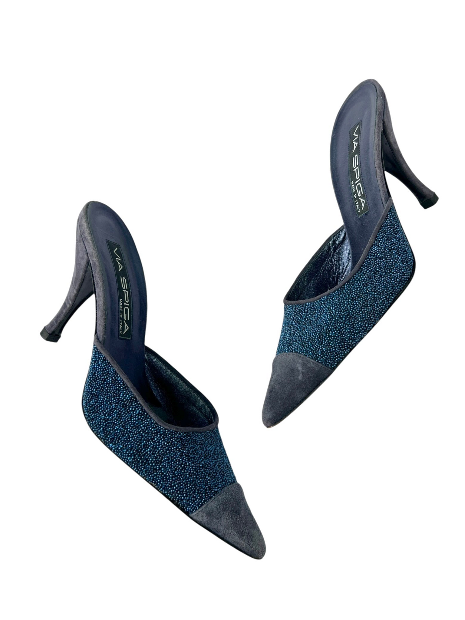 Blue Beaded Suede Leather Heeled Mules - 7