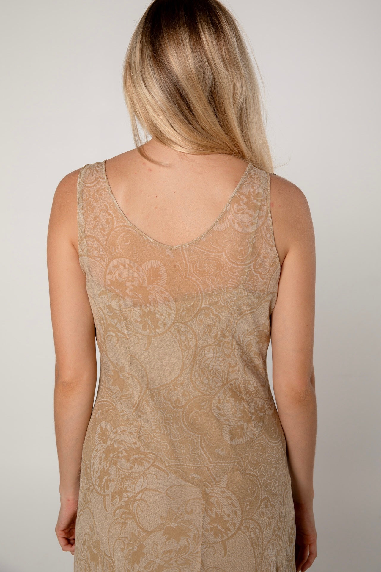 Gold Floral Printed Silk Chiffon Beaded Dress