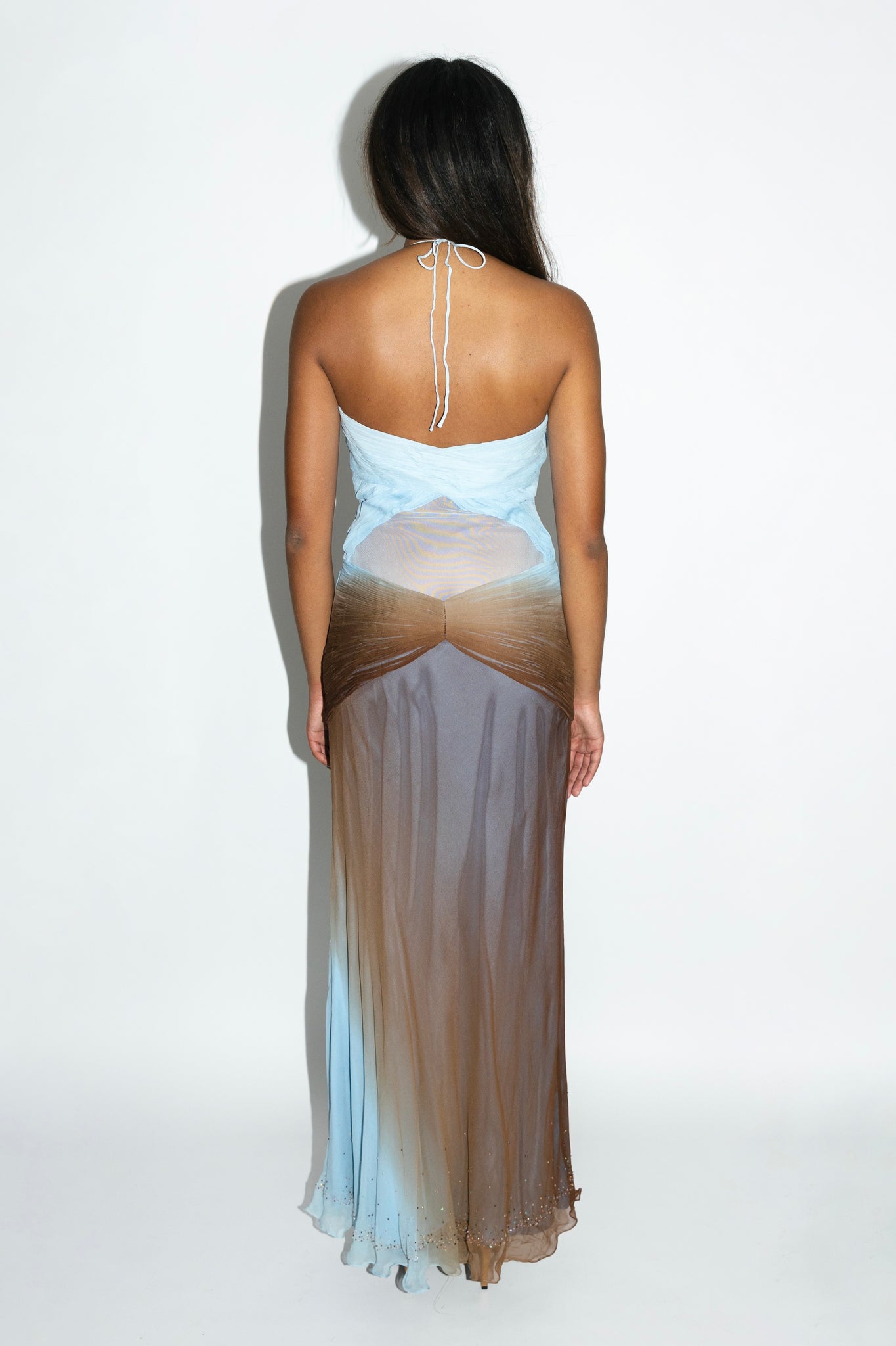 Blue & Brown Ombré Silk Chiffon Paneled Mesh Beaded Gown