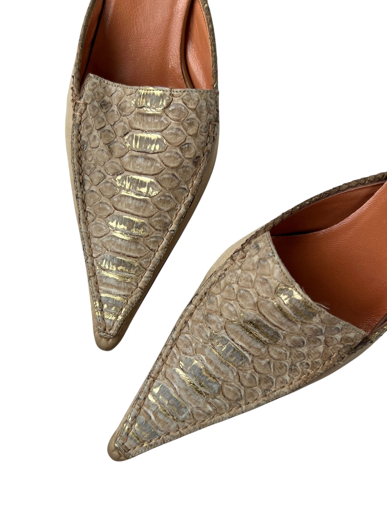 Beige Snakeskin Pointed Toe Kitten Heel Mules - 36.5