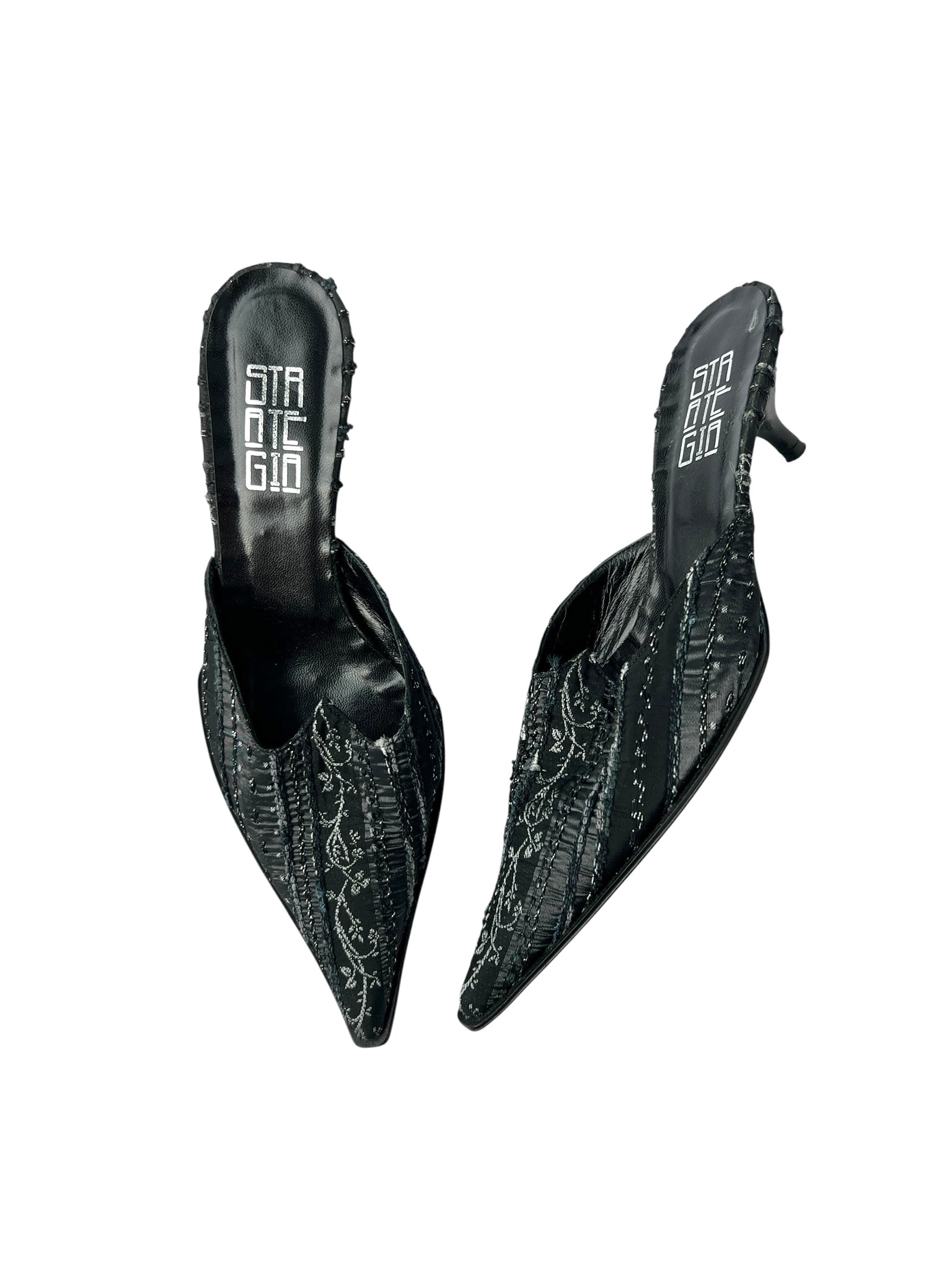 Black Brocade Pointed Toe Kitten Heel Mules - 36