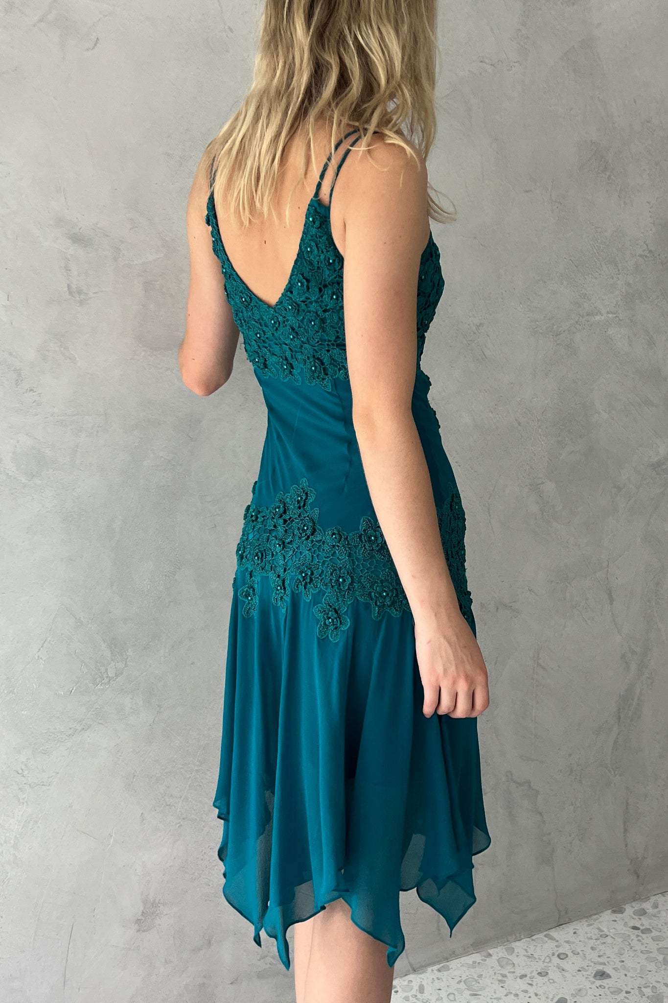 Sue Wong Teal Blue Silk Rosette Dress