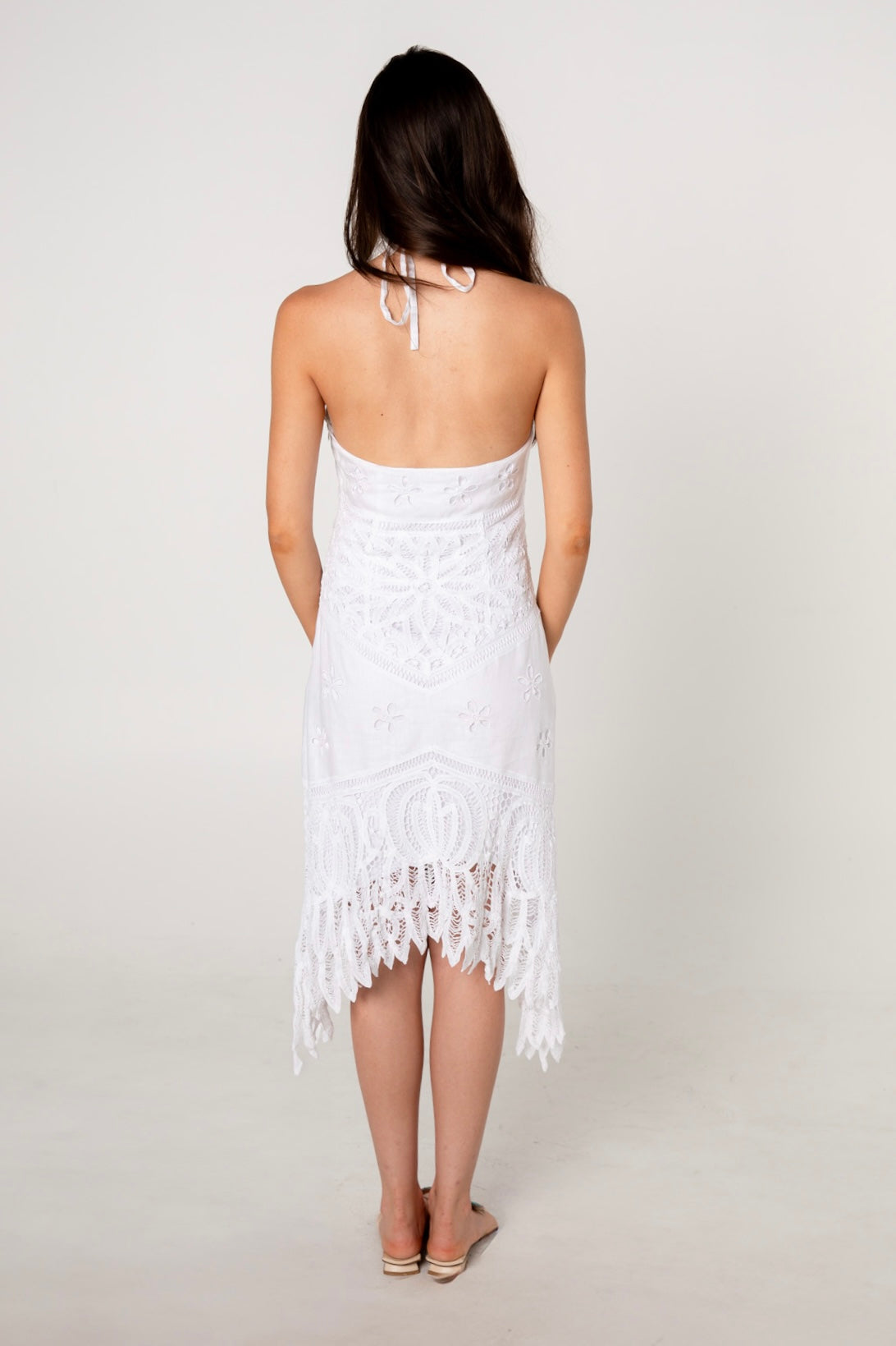 Sue Wong White Crochet Linen Halter Dress