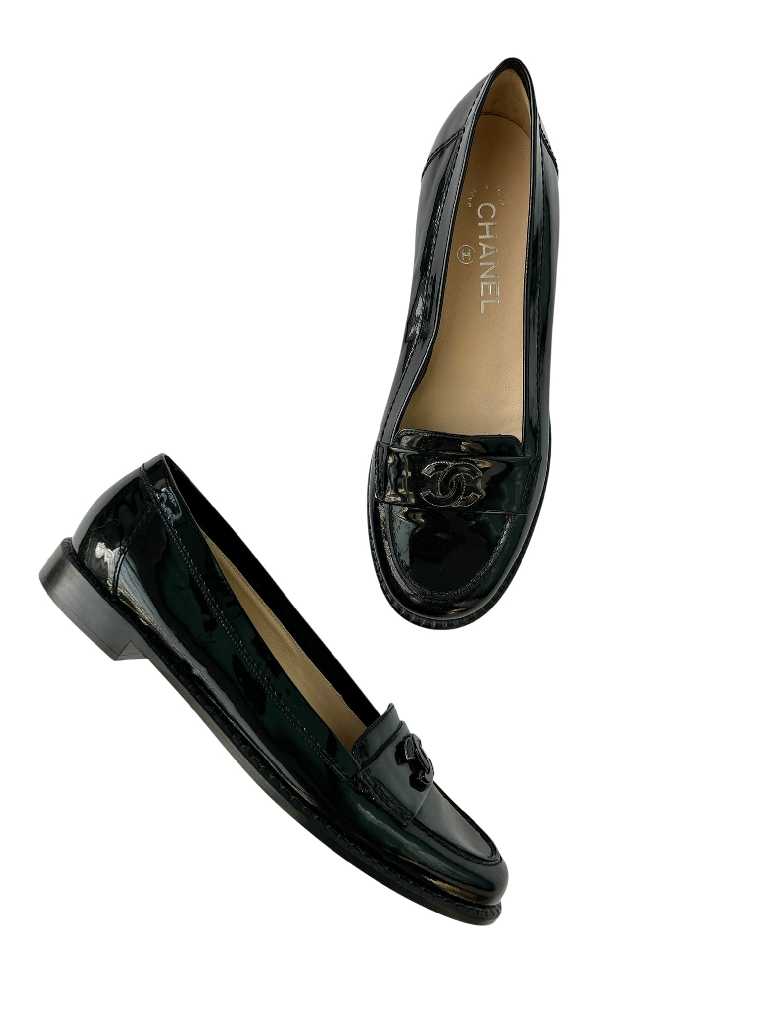 Chanel Interlocking CC Black Patent Leather Loafers - 40