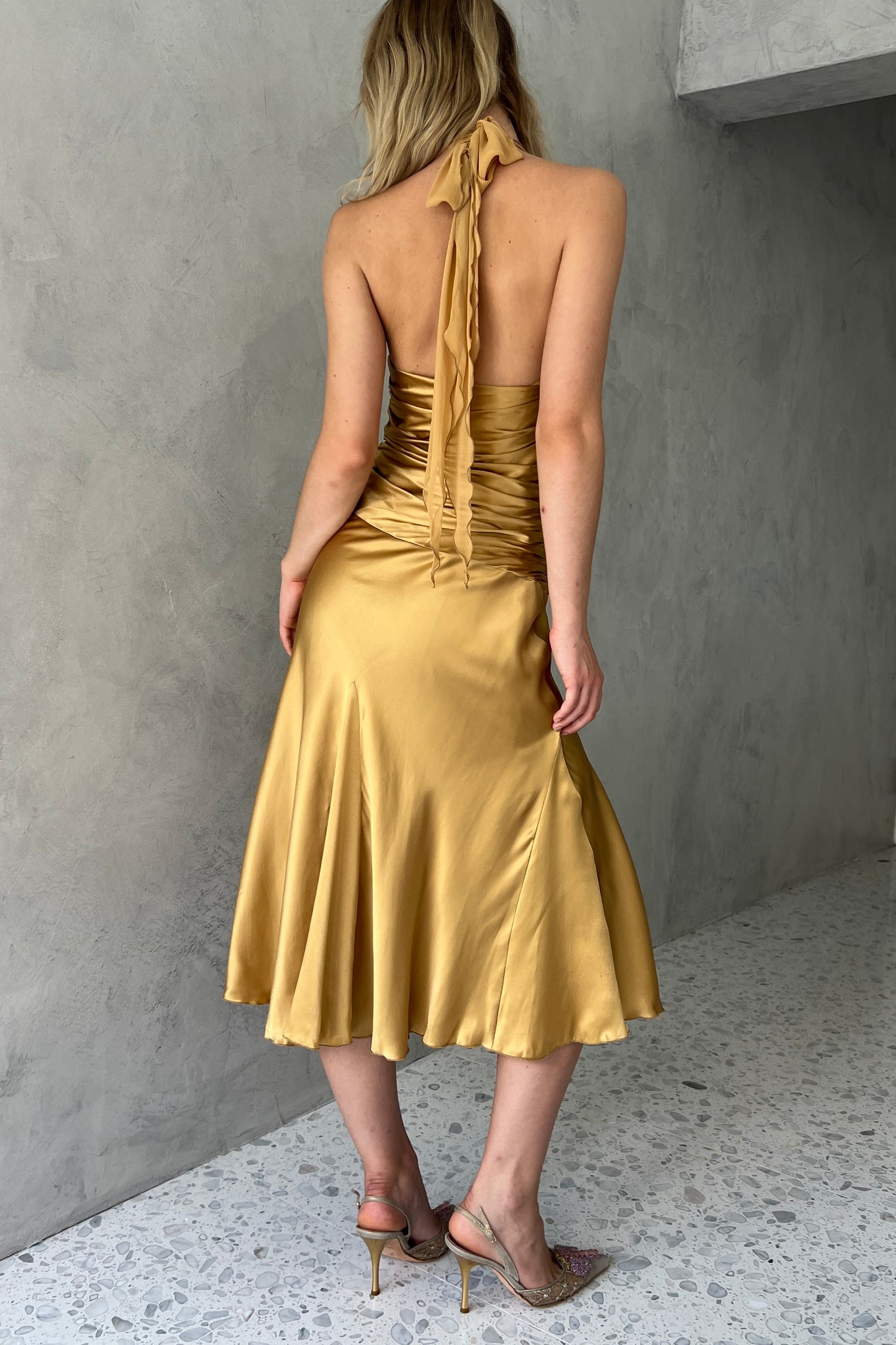 Cache Gold Silk Satin Halter Dress