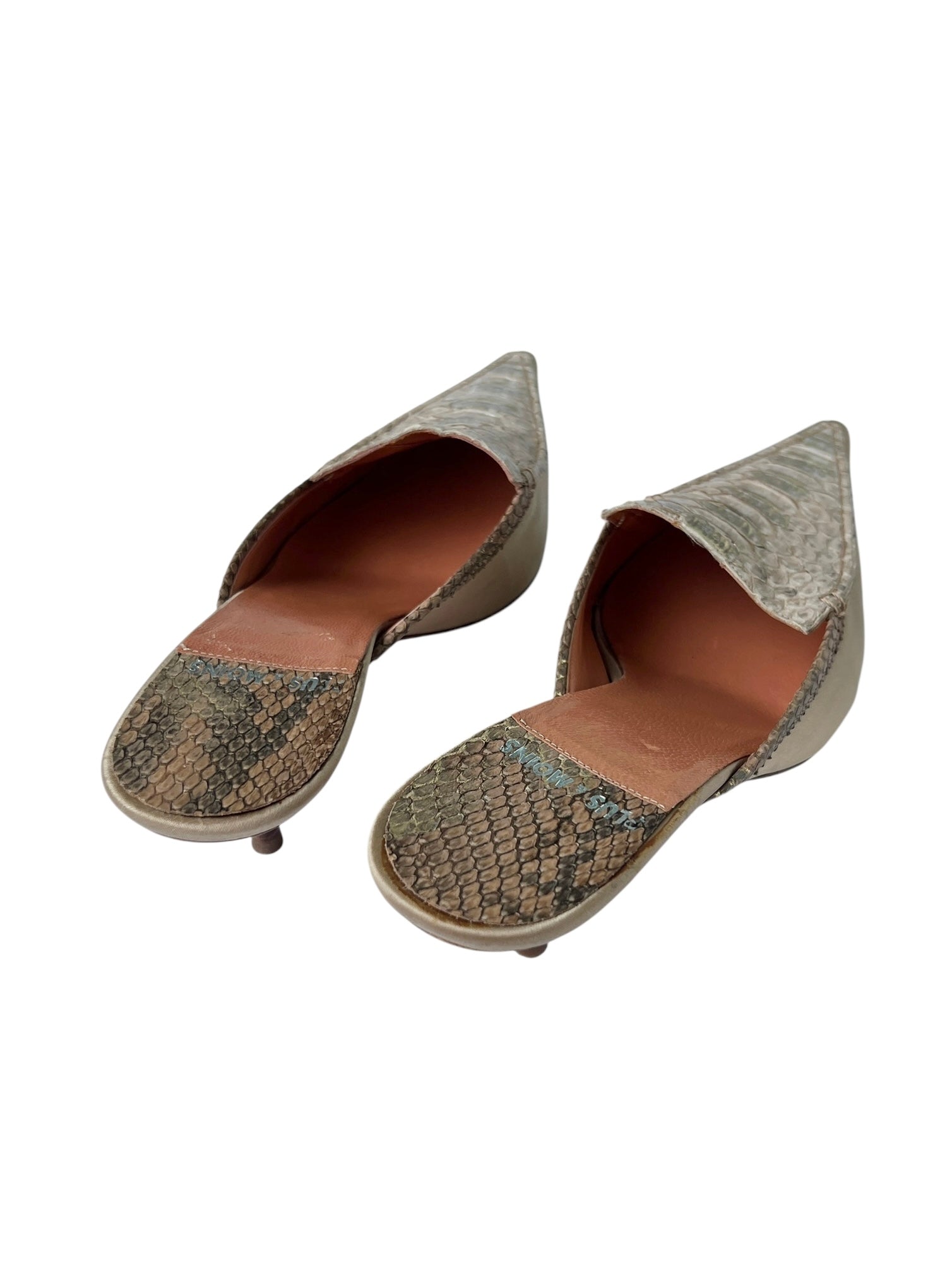 Beige Snakeskin Pointed Toe Kitten Heel Mules - 36.5