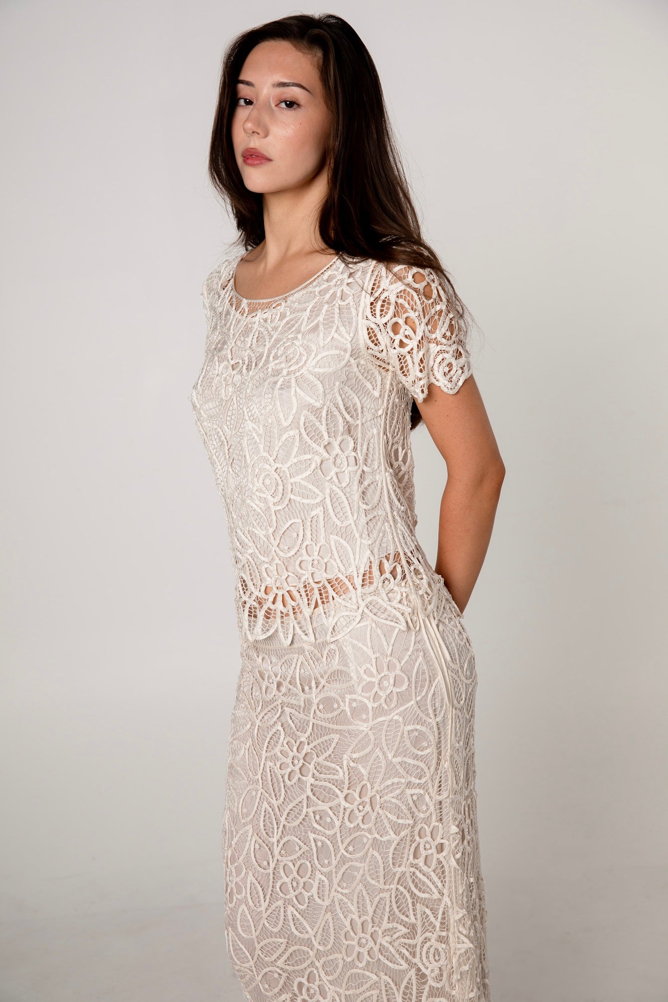 Ivory White Silk Crochet Top & Skirt Set