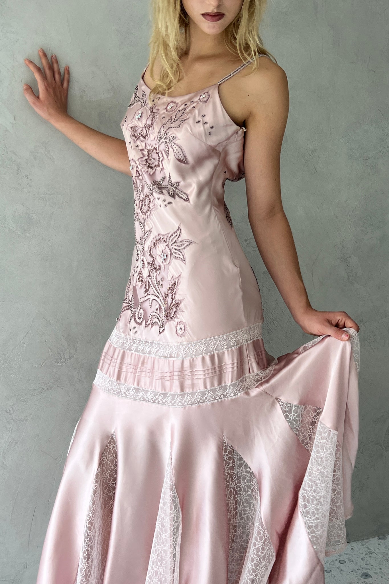 Sue Wong Pink Silk Beaded Gown