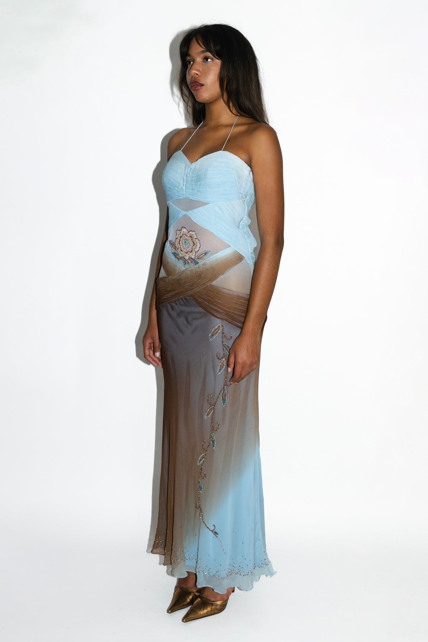 Blue & Brown Ombré Silk Chiffon Paneled Mesh Beaded Gown