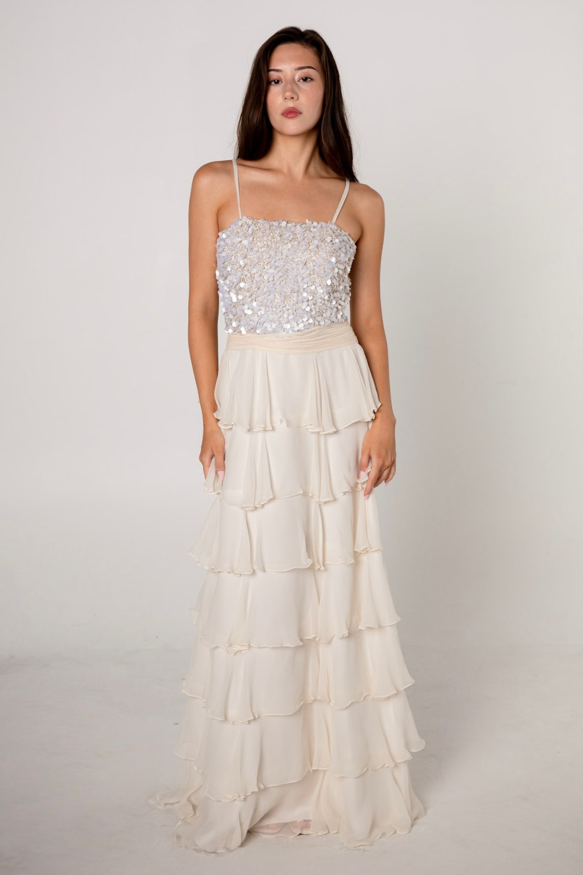 Ivory Silk Tiered Sequin Gown
