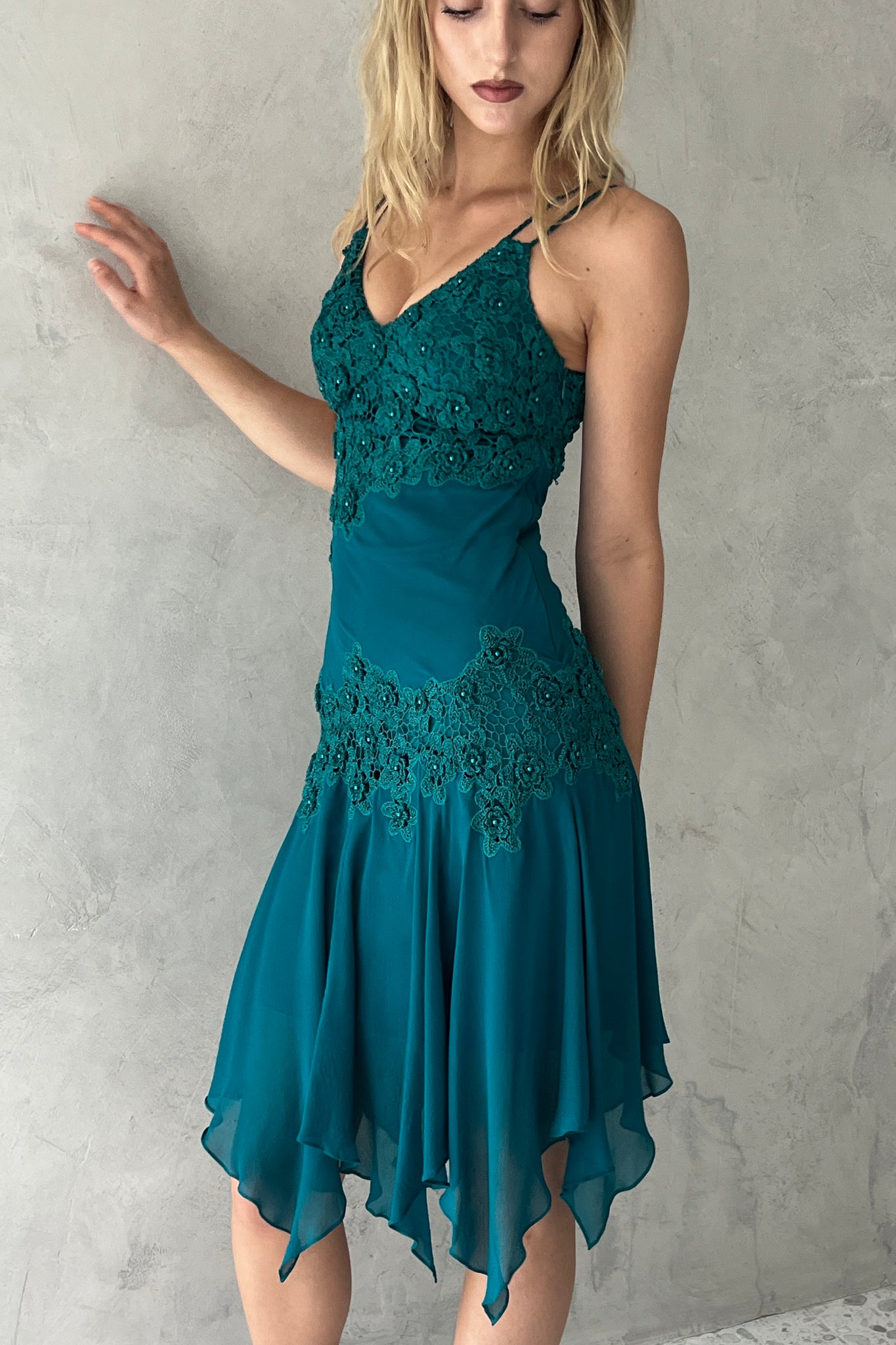 Sue Wong Teal Blue Silk Rosette Dress