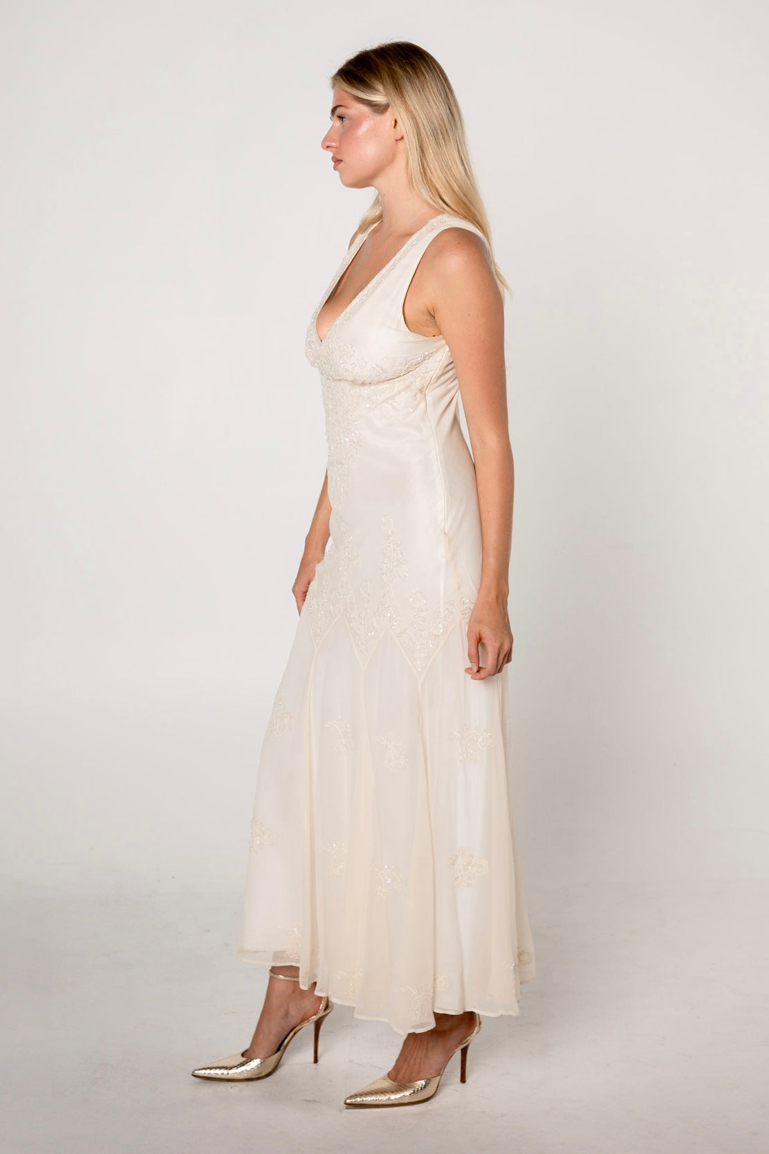 Ivory Silk Chiffon Beaded Gown