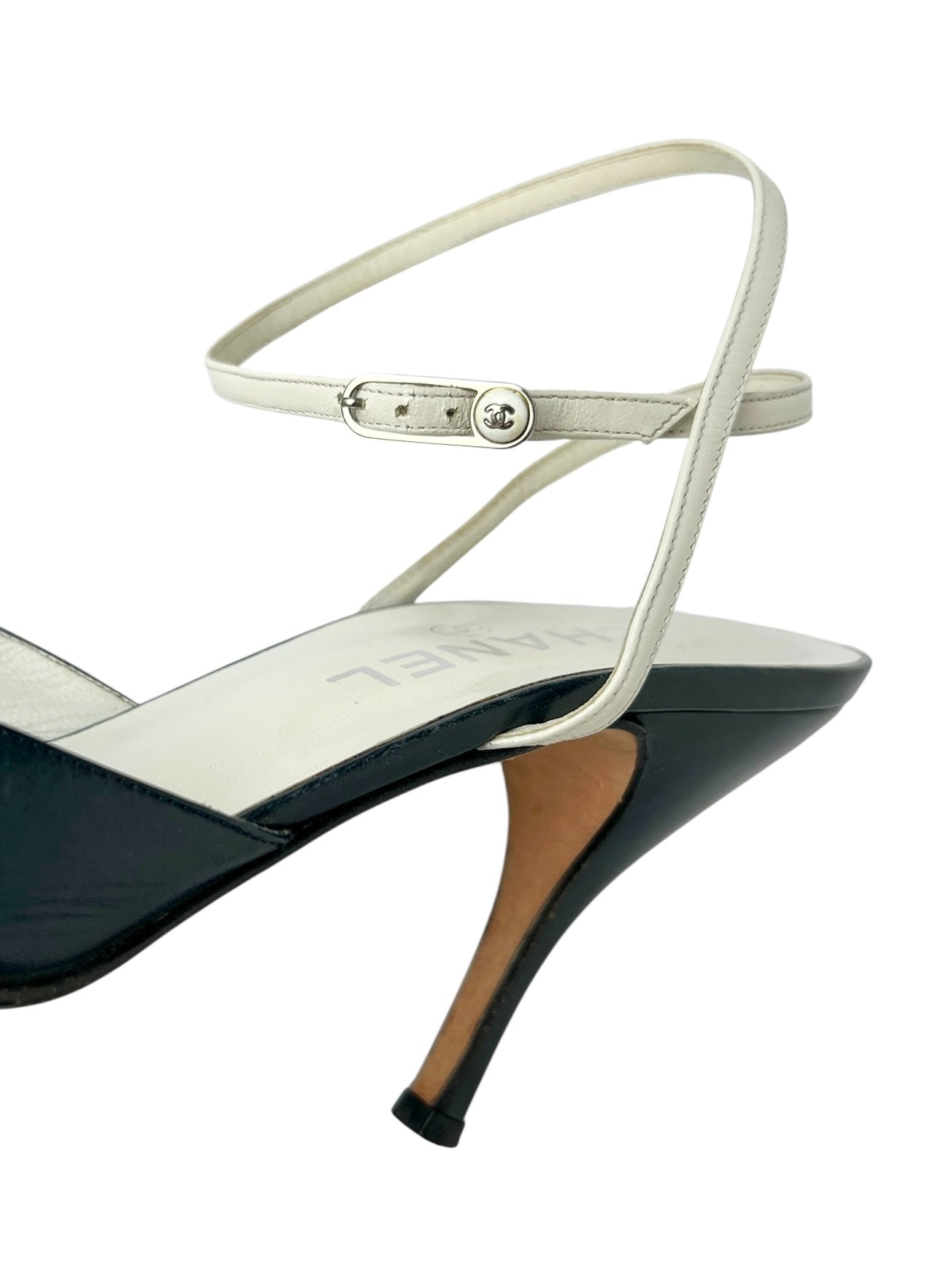 Chanel Navy & White Stripe Ankle Strap Heels - 40
