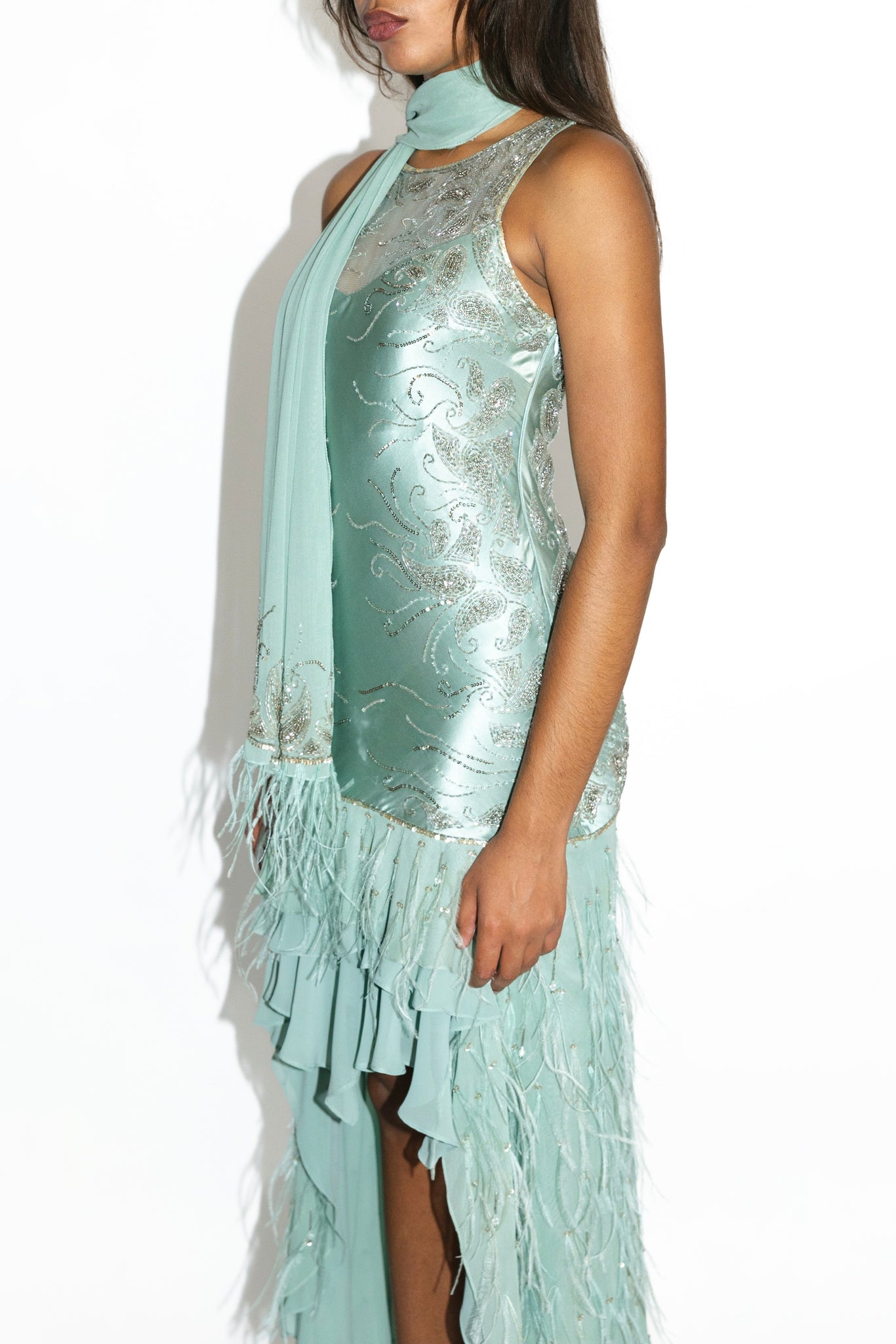 Sue Wong Mint Green Beaded Silk Satin Feather Dress