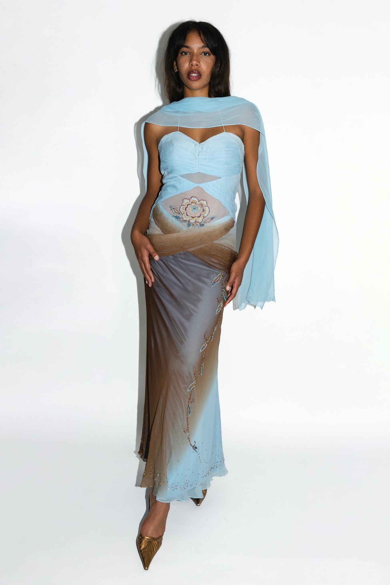 Blue & Brown Ombré Silk Chiffon Paneled Mesh Beaded Gown