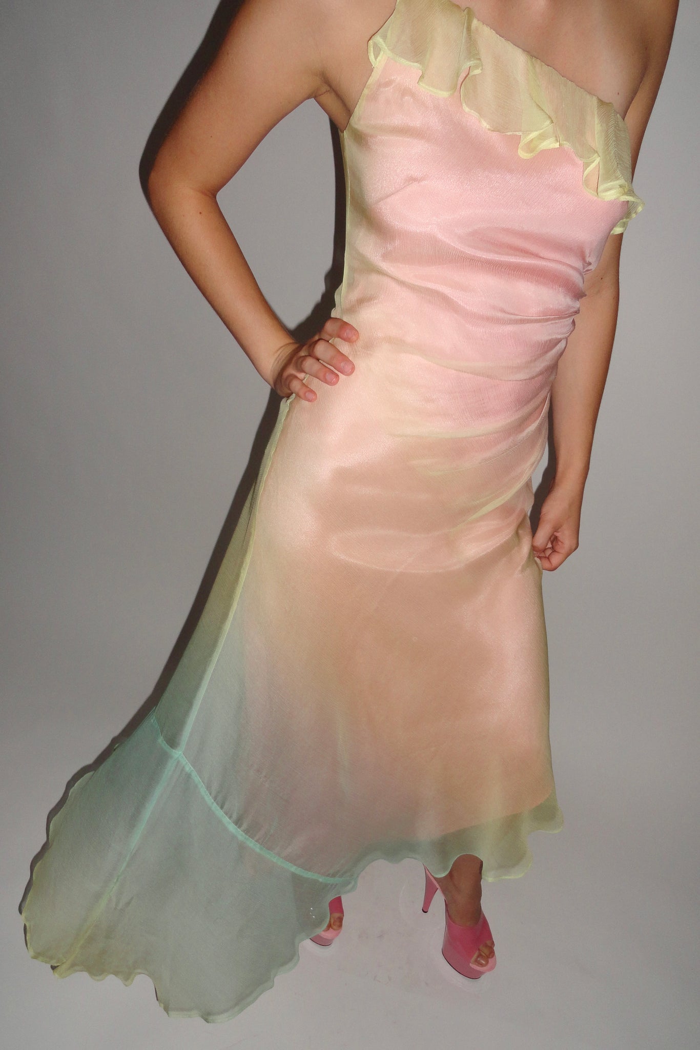 Y2K Ombré Silk Chiffon Asymmetrical Dress