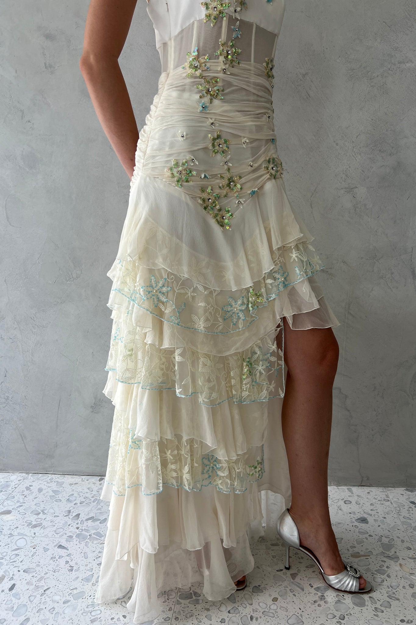 White Tiered Silk Chiffon Embellished Dress