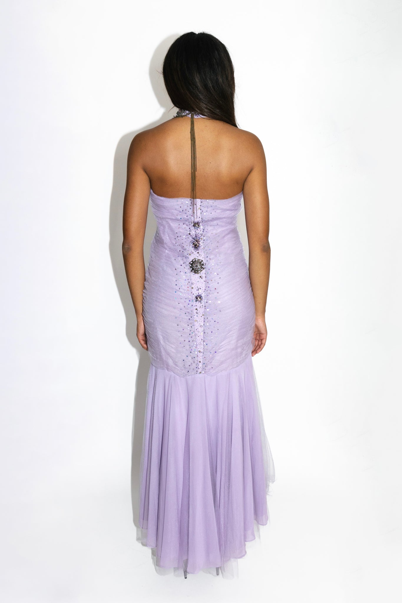 Lavender Ruched Tulle Embellished Gown