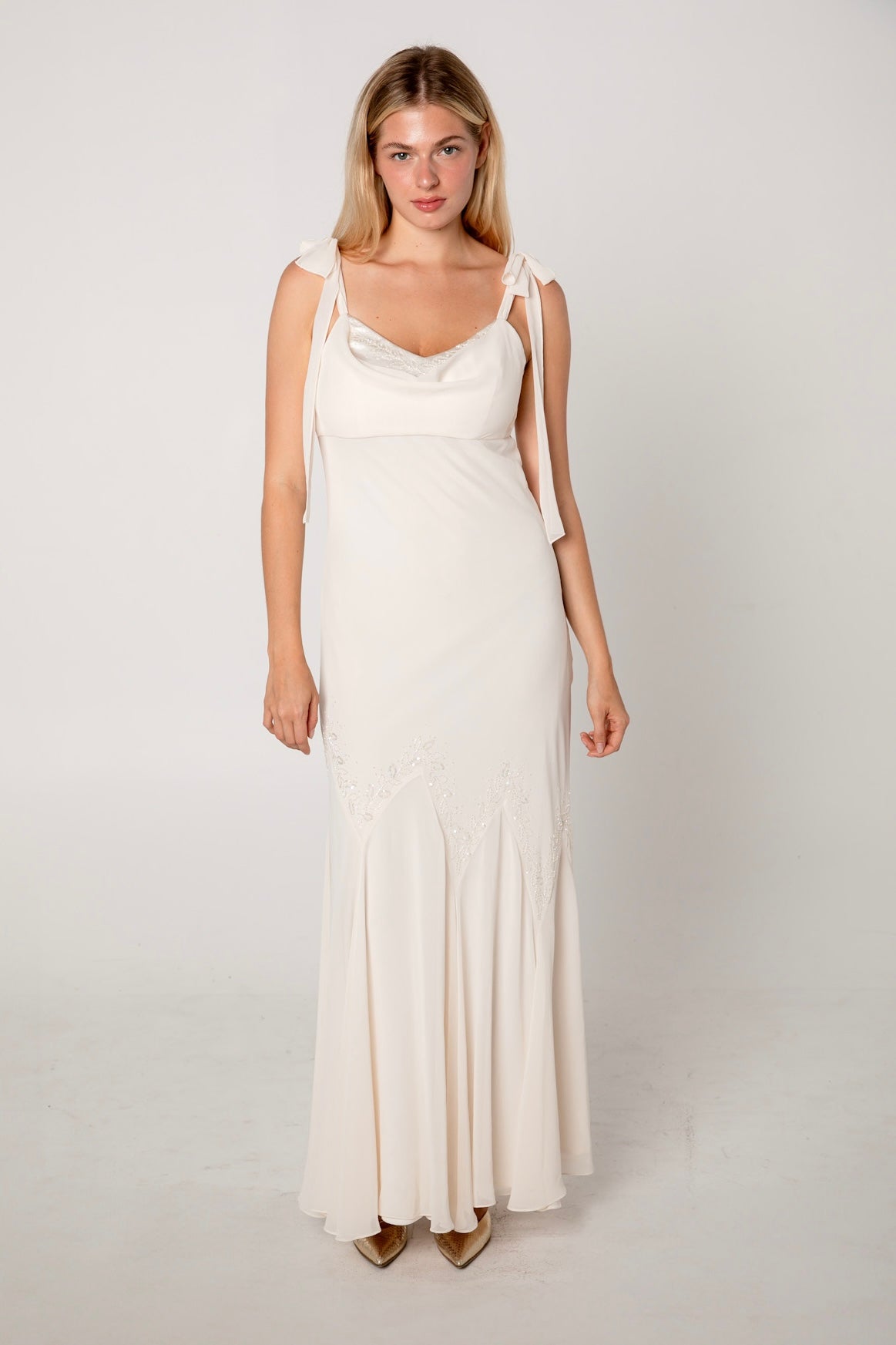 Ivory Chiffon Cowl Neck Beaded Gown