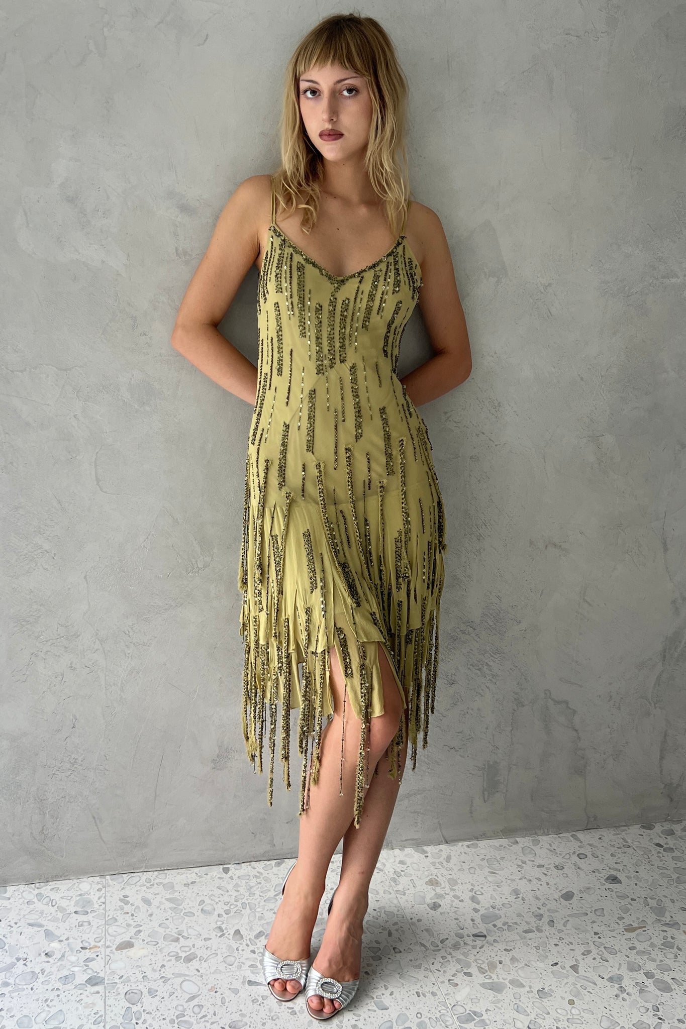 Sue Wong Green Silk Fringe Beaded Dress