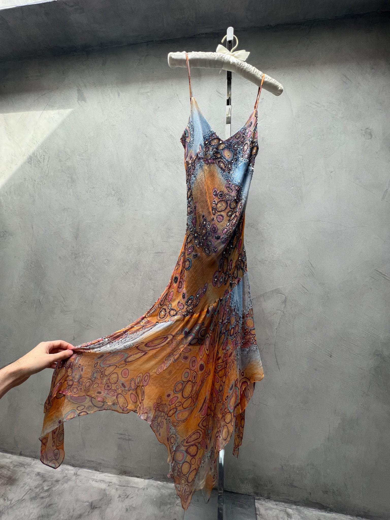 Sue Wong Orange Blue Ombré Printed Beaded Dress