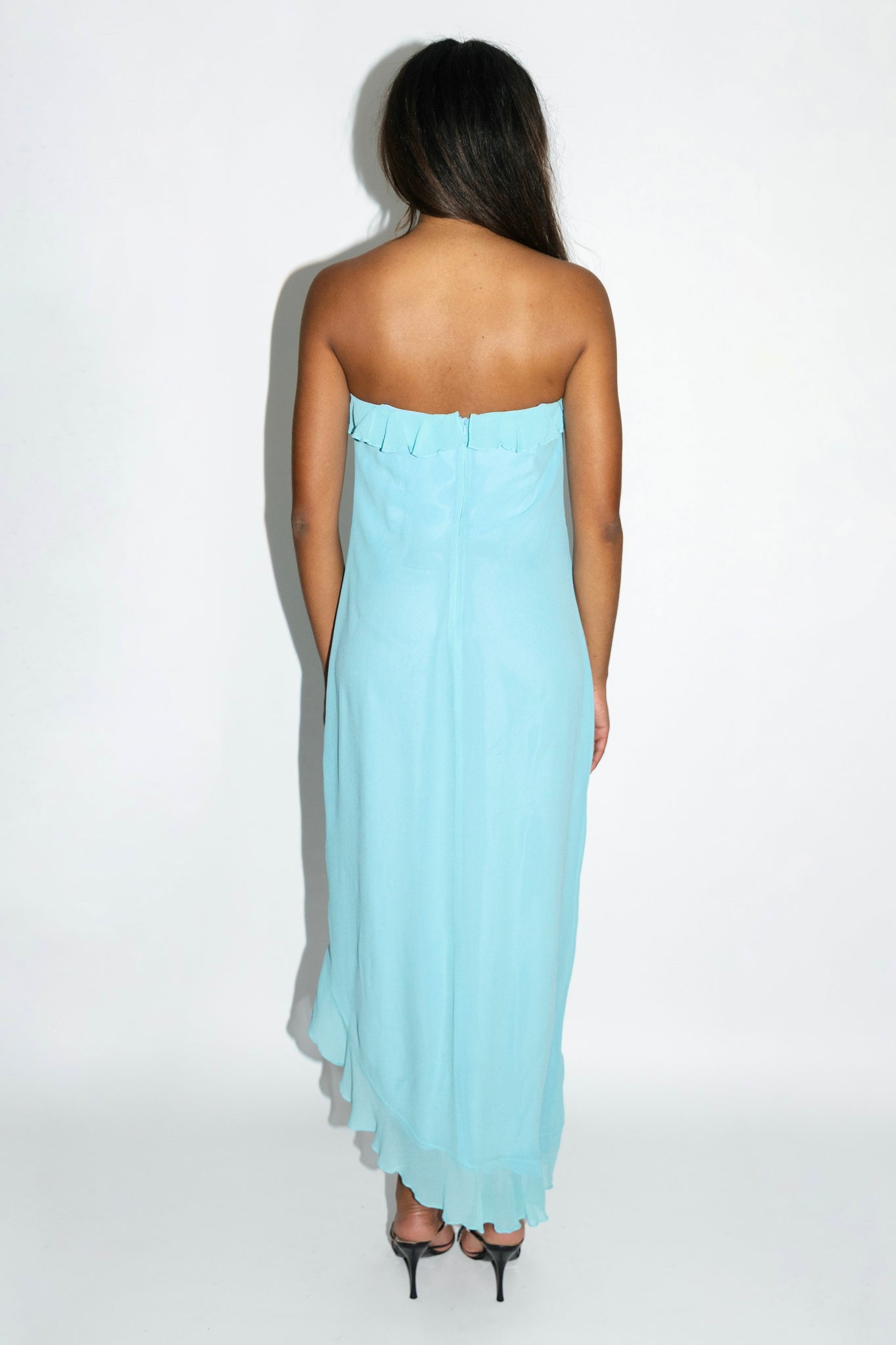 Blue Silk Chiffon Strapless Ruffle Dress