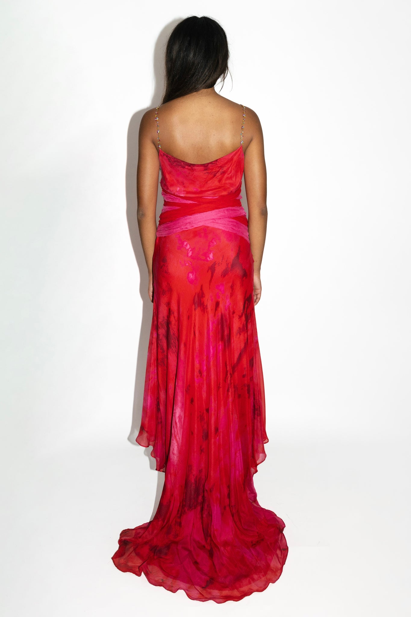 Red & Pink Printed Silk Chiffon High-Low Gown