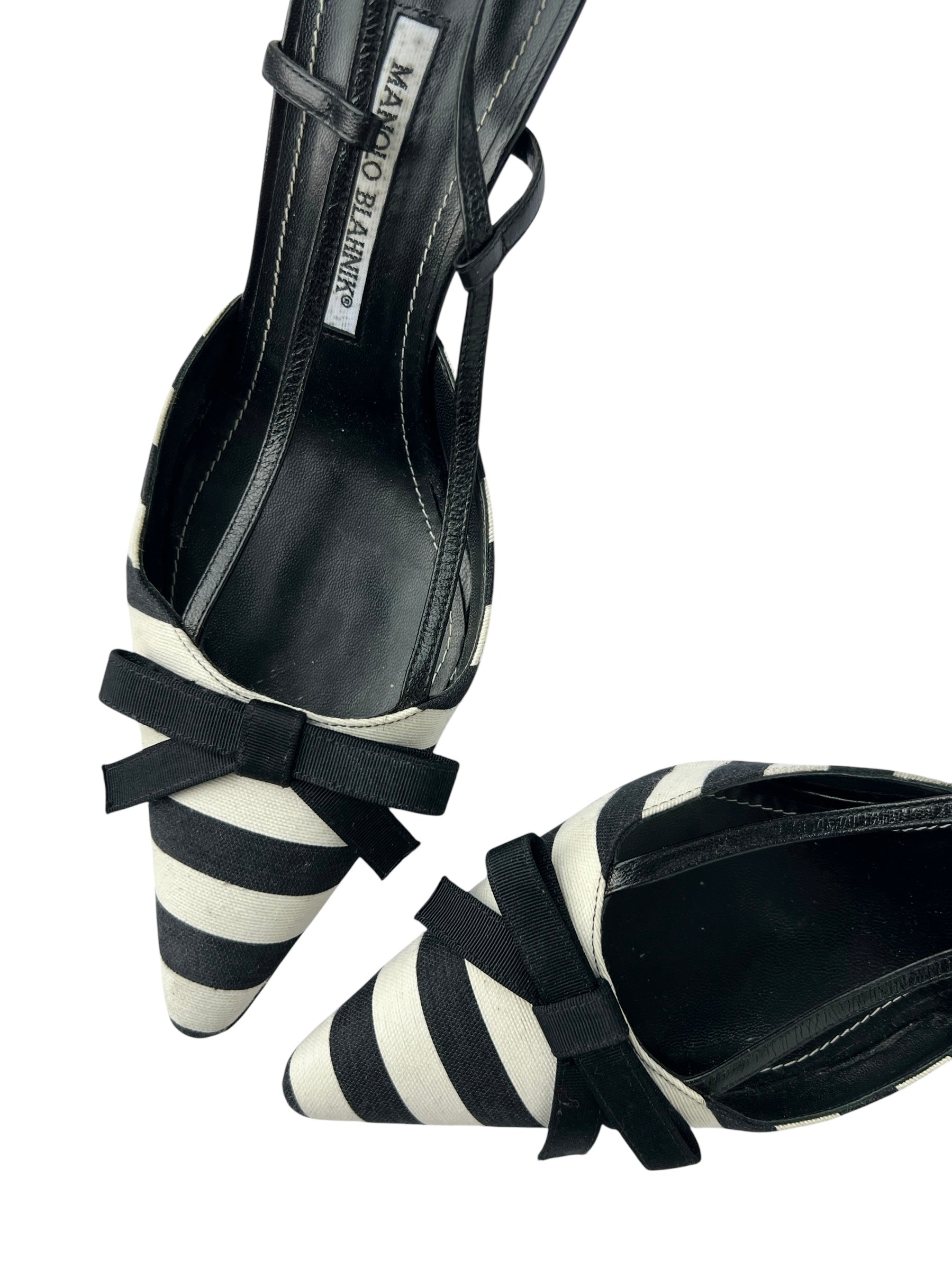 Manolo Blahnik ストライプハイヒール Manolo Blahnik Black White Stripe Bow Slingback Heels - 40.5