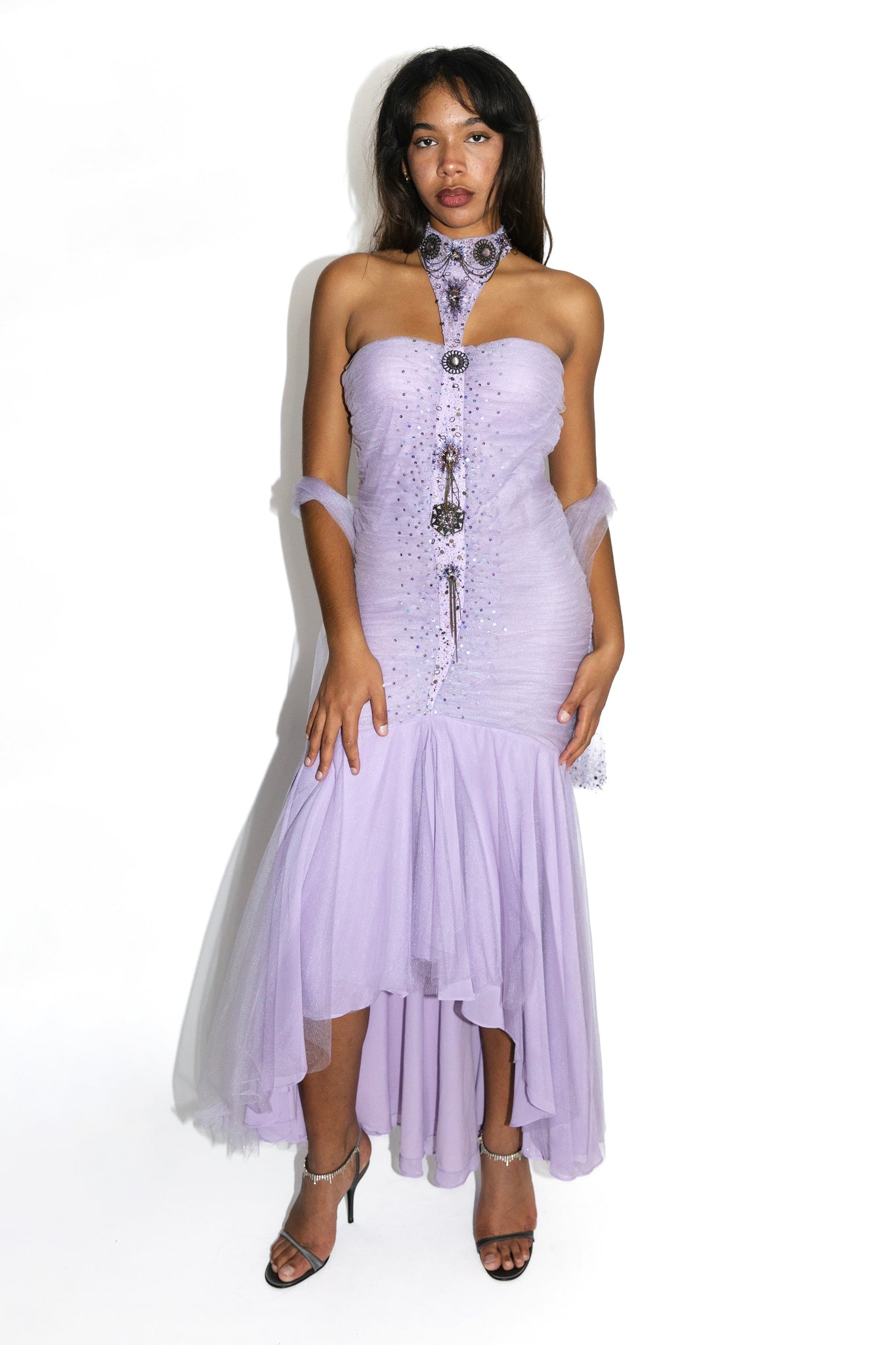 Lavender Ruched Tulle Embellished Gown