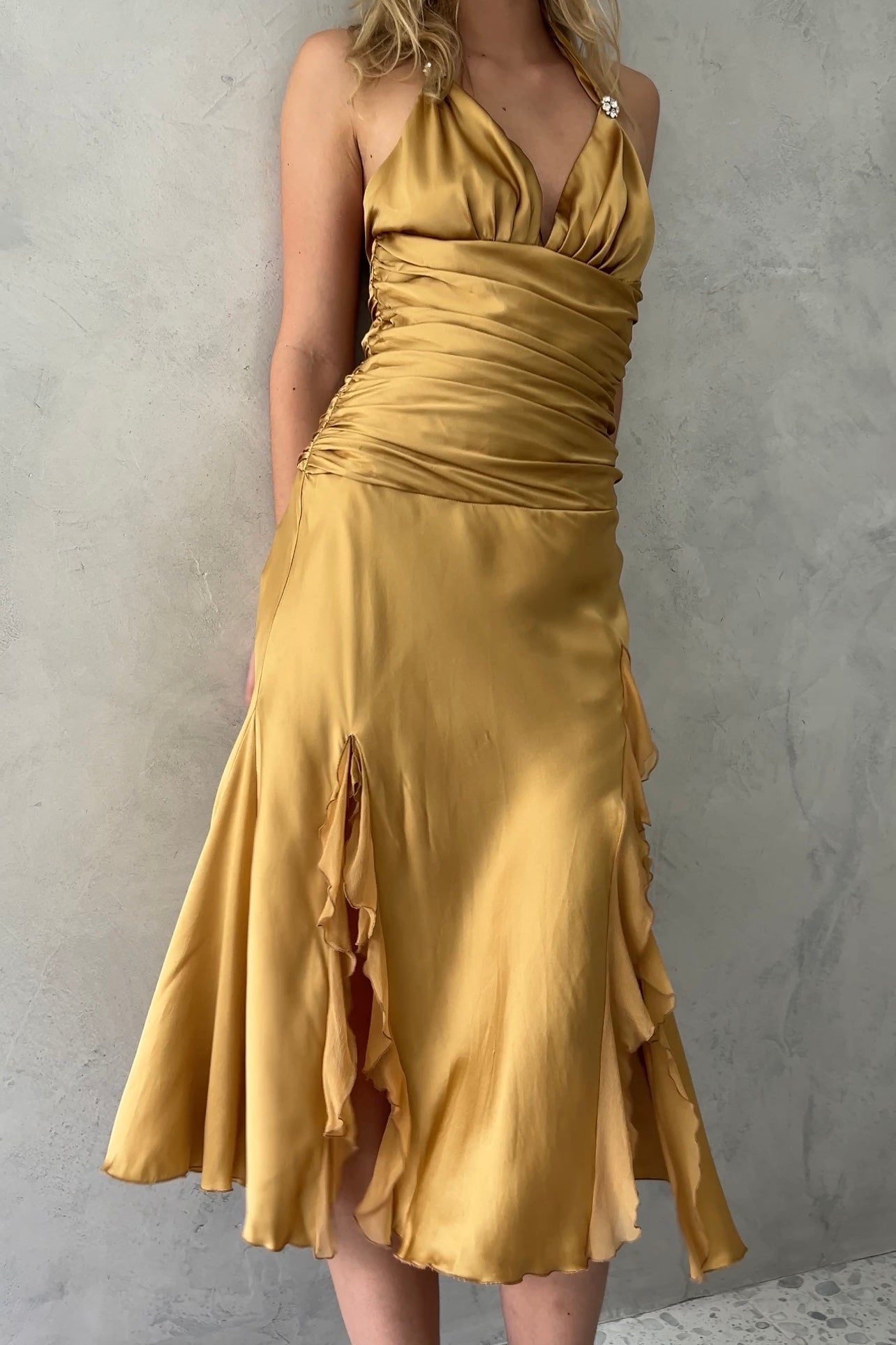 Cache Gold Silk Satin Halter Dress