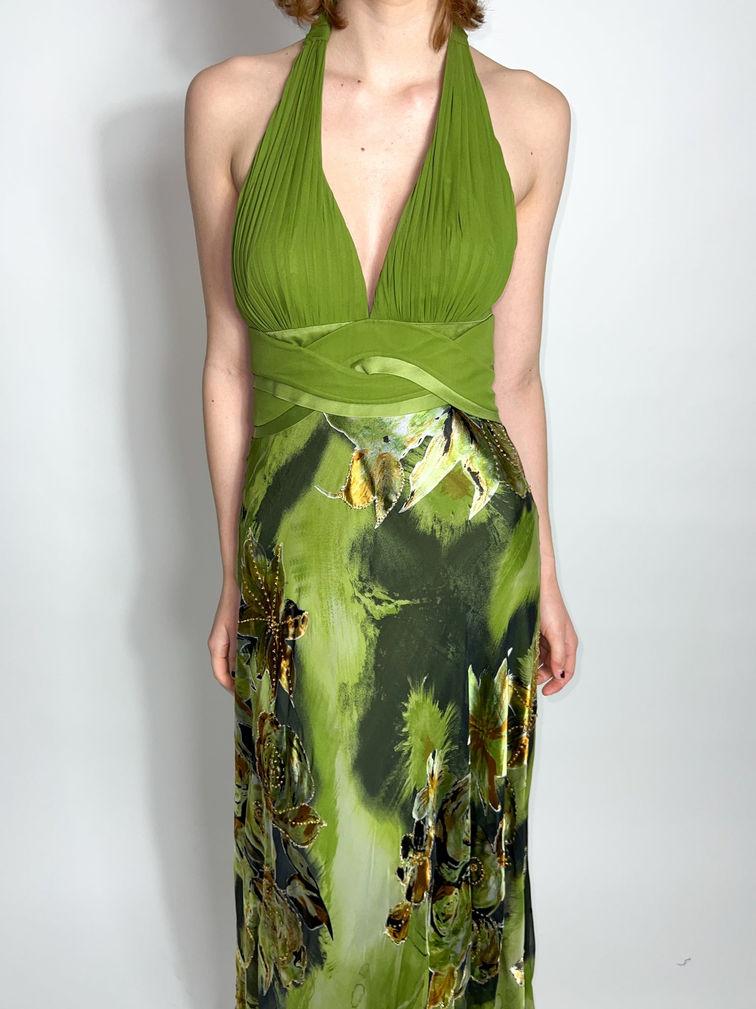 Green Silk Floral Halter Gown