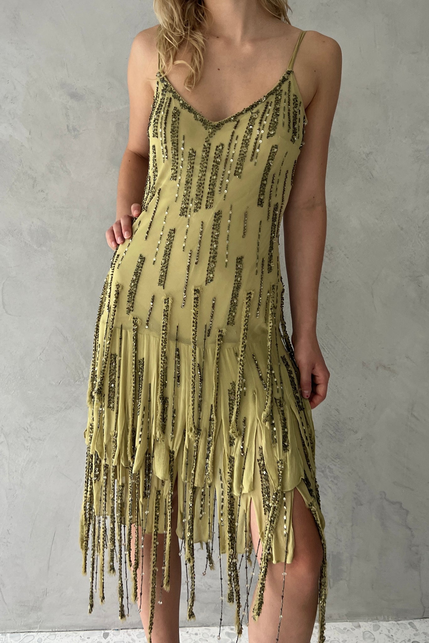 Sue Wong Green Silk Fringe Beaded Dress