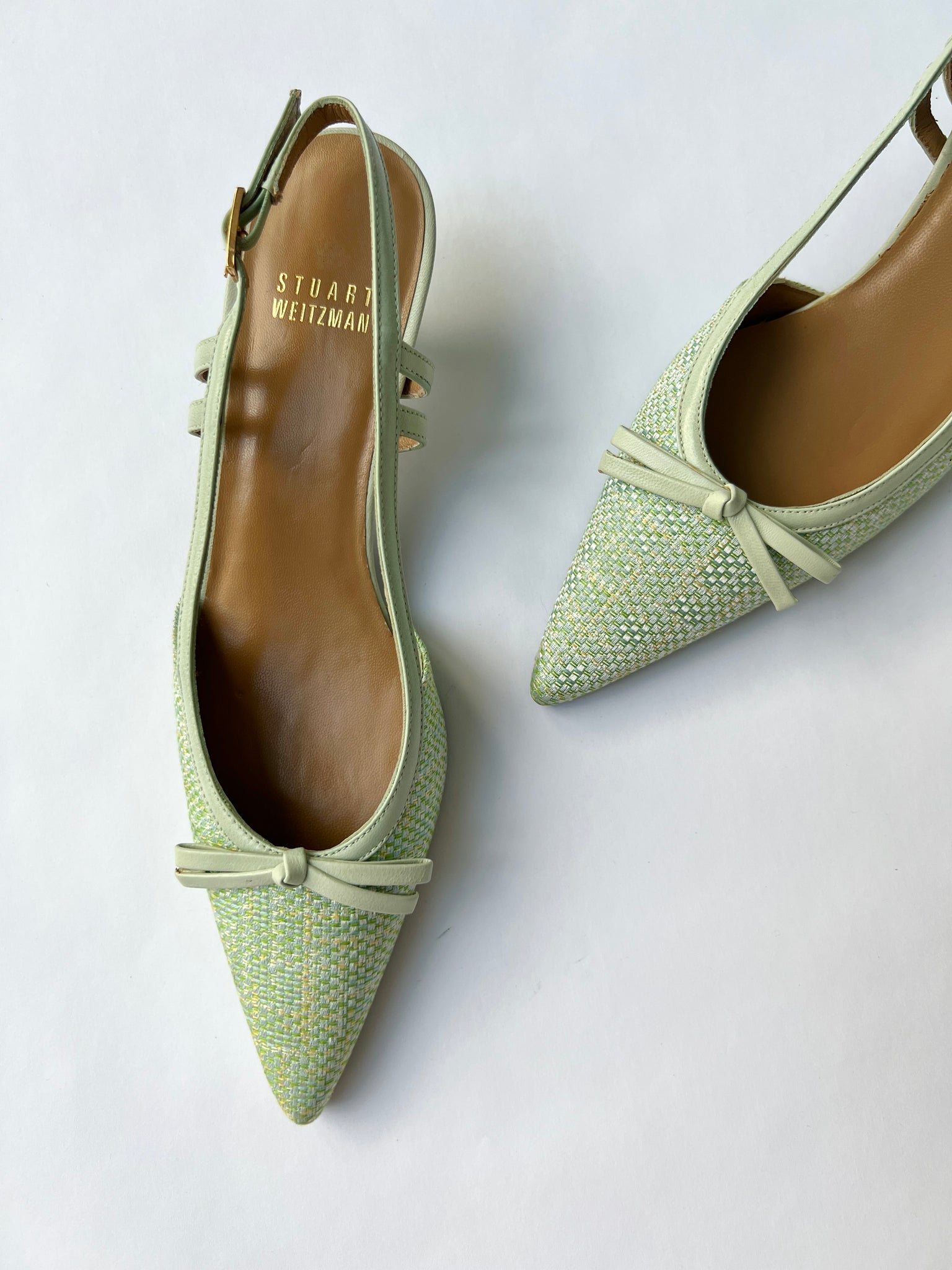 Stuart Weitzman Green Woven Canvas Slingback Heels - 5.5