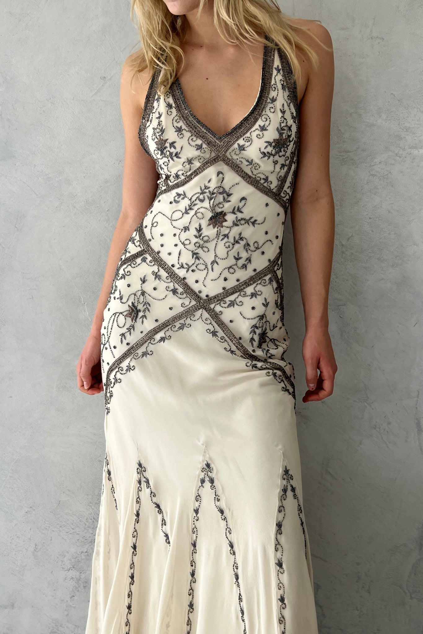 Cache Ivory Silk Chiffon Beaded Halter Gown