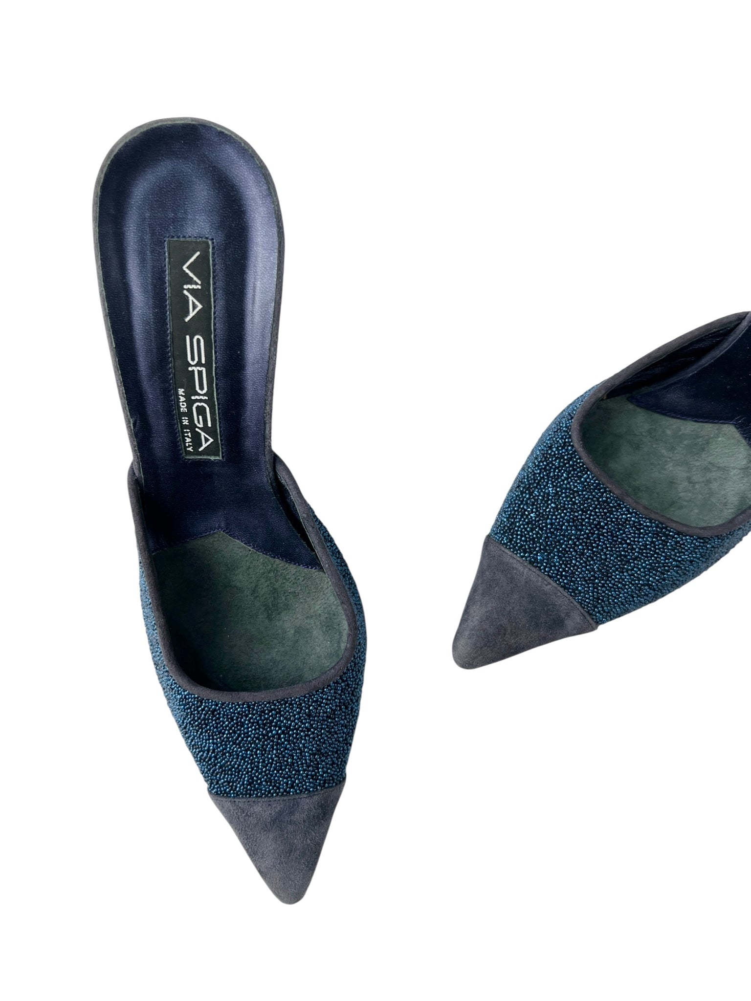 Blue Beaded Suede Leather Heeled Mules - 7