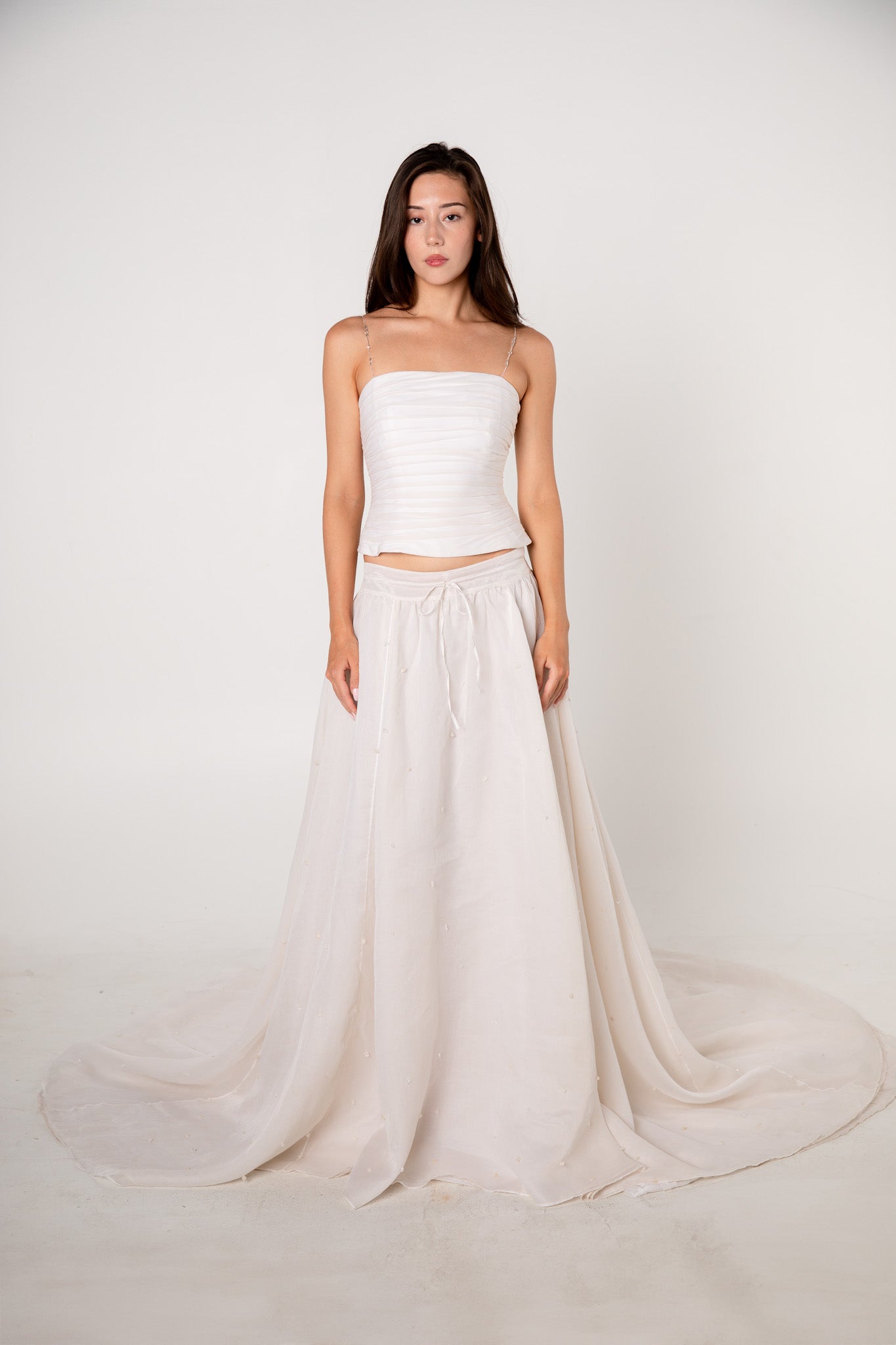 White Silk Embellished Drawstring Ballgown Skirt