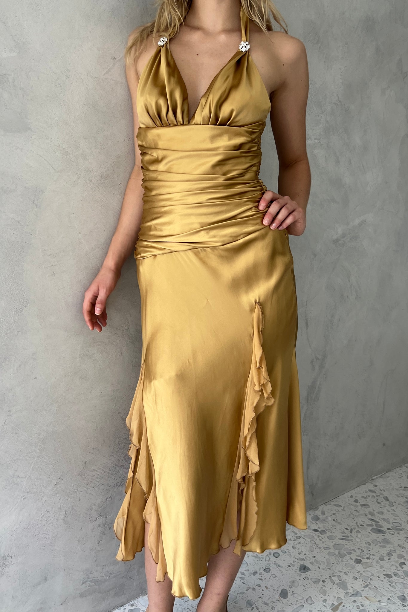 Cache Gold Silk Satin Halter Dress