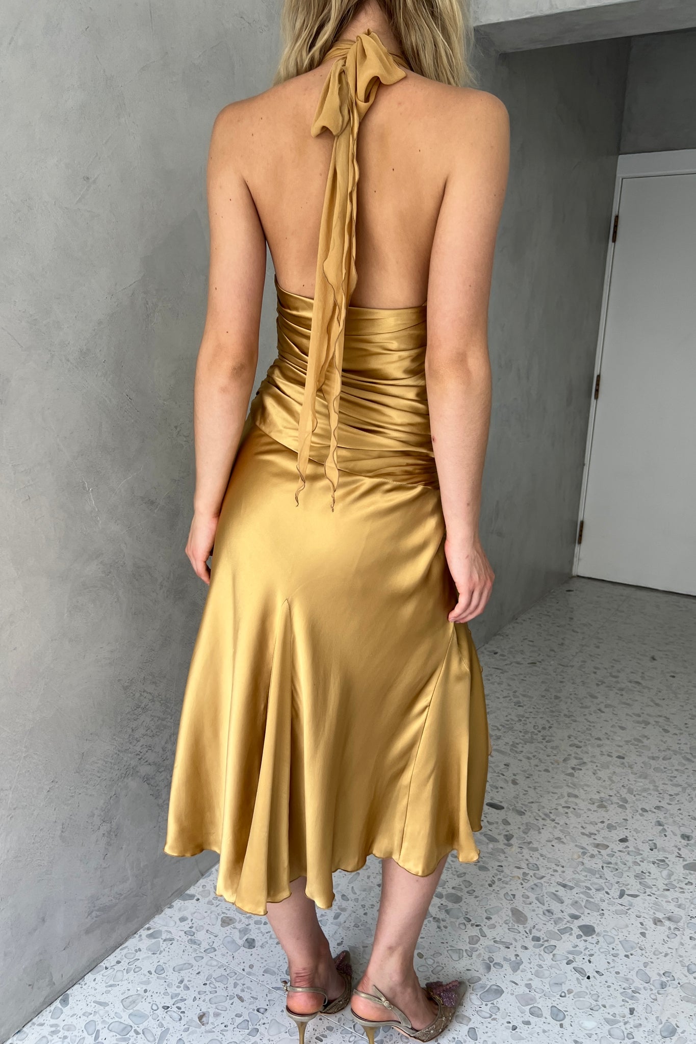 Cache Gold Silk Satin Halter Dress