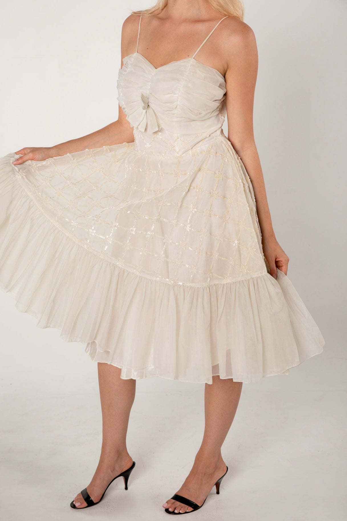 1950s Ivory Burnout Organza Cocktail Dress