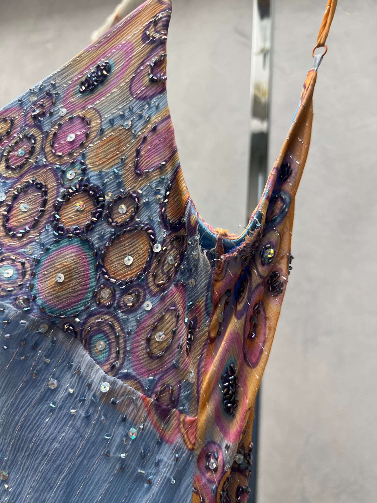 Sue Wong Orange Blue Ombré Printed Beaded Dress