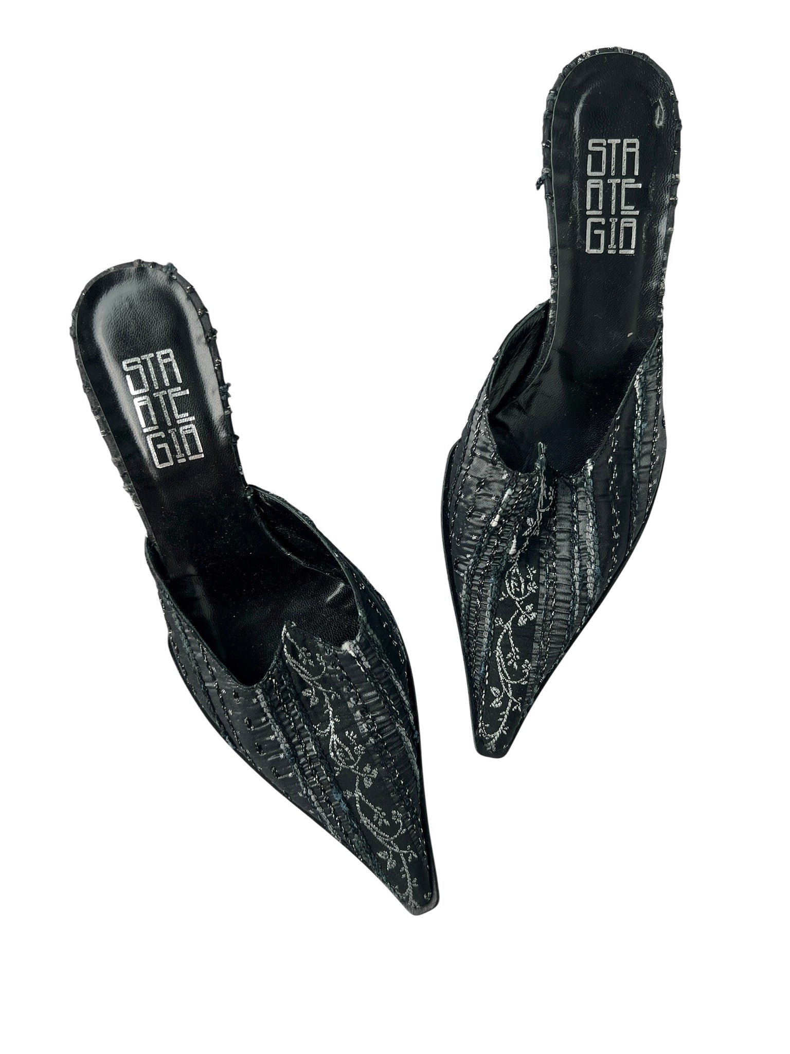 Black Brocade Pointed Toe Kitten Heel Mules - 36