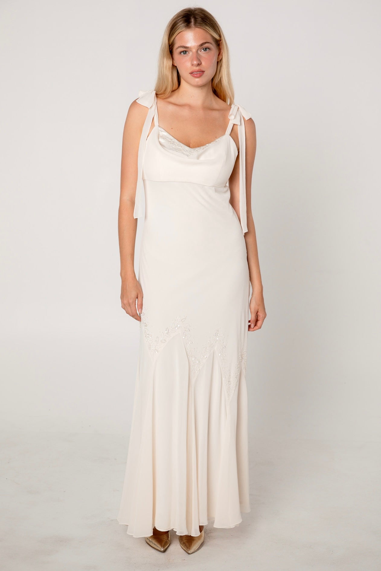 Ivory Chiffon Cowl Neck Beaded Gown