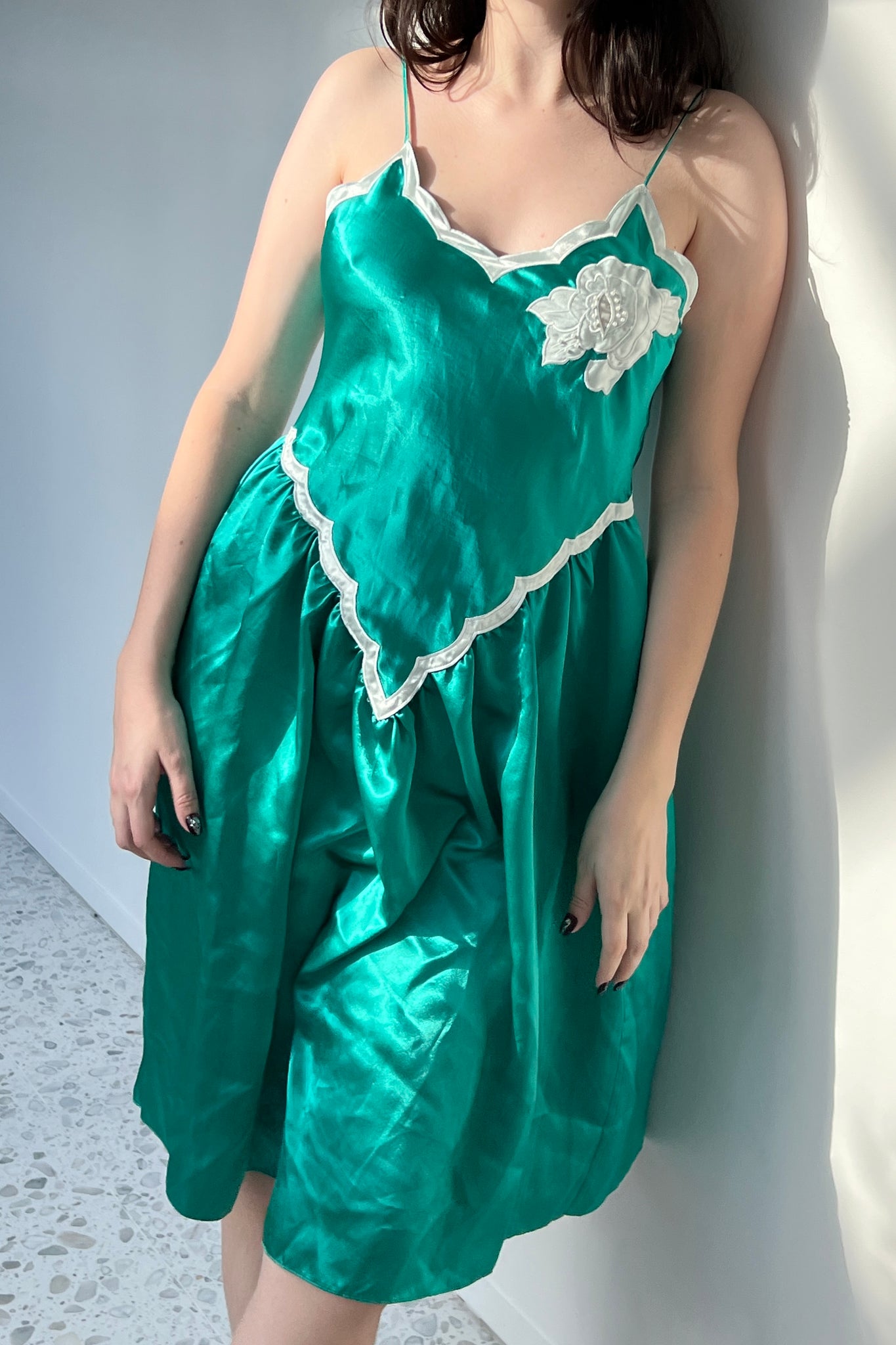 1980s Victoria’s Secret Green Satin Scallop Nightgown